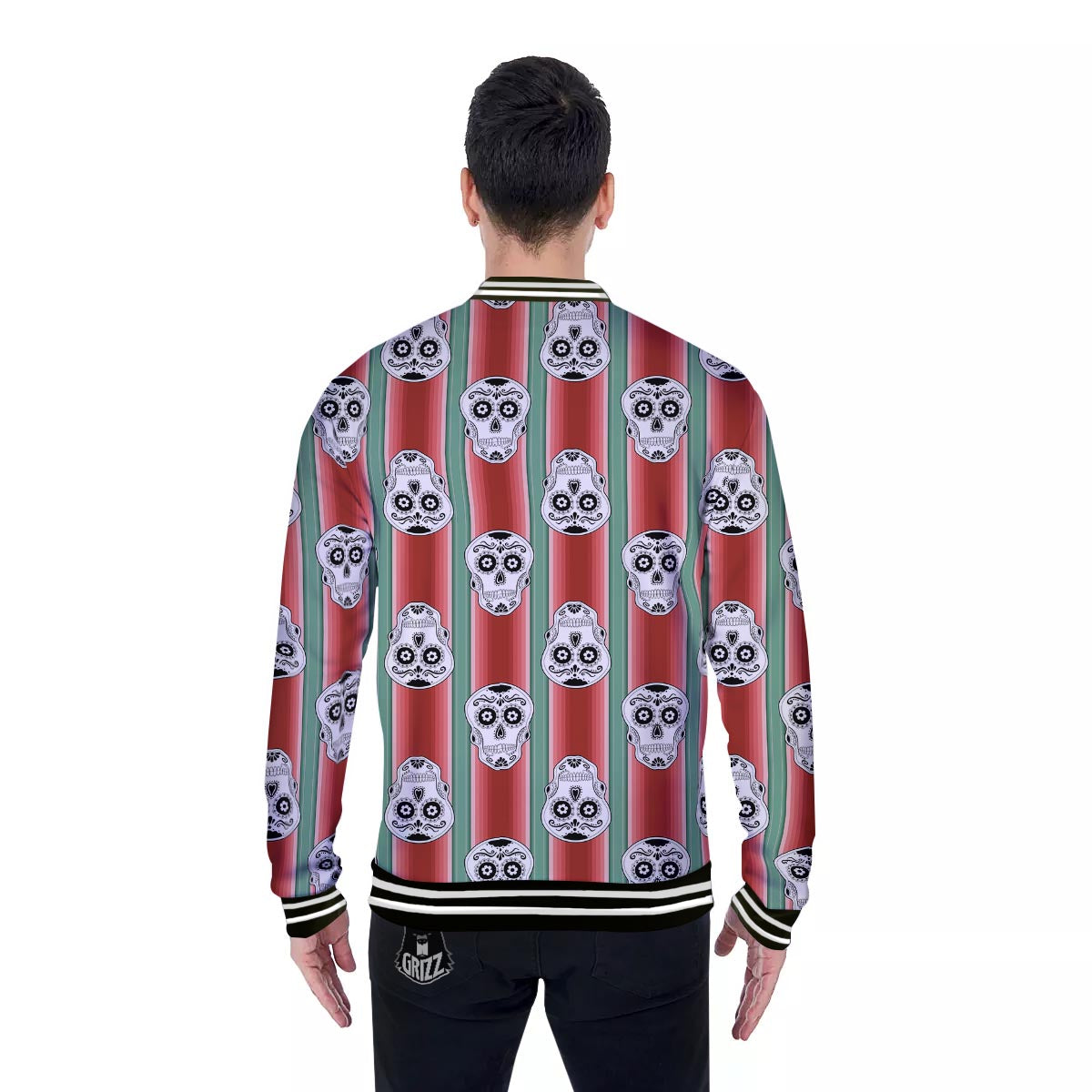Mexican Serape Sugar Skull Print Pattern Baseball Jacket-grizzshop