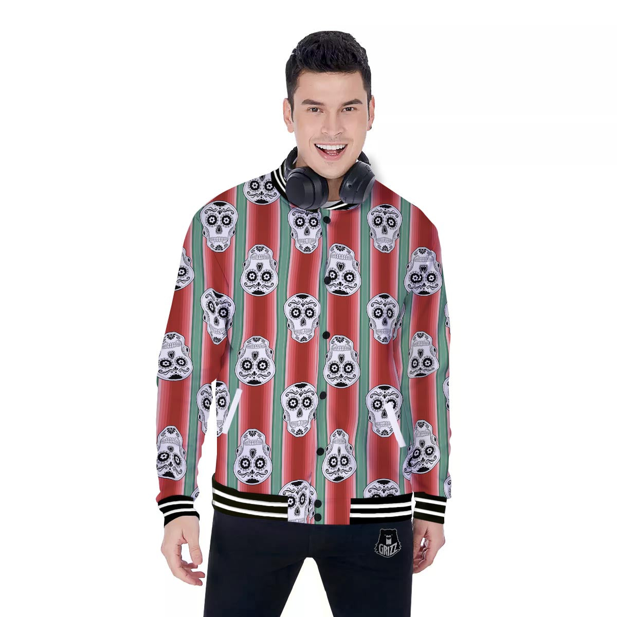 Mexican Serape Sugar Skull Print Pattern Baseball Jacket-grizzshop