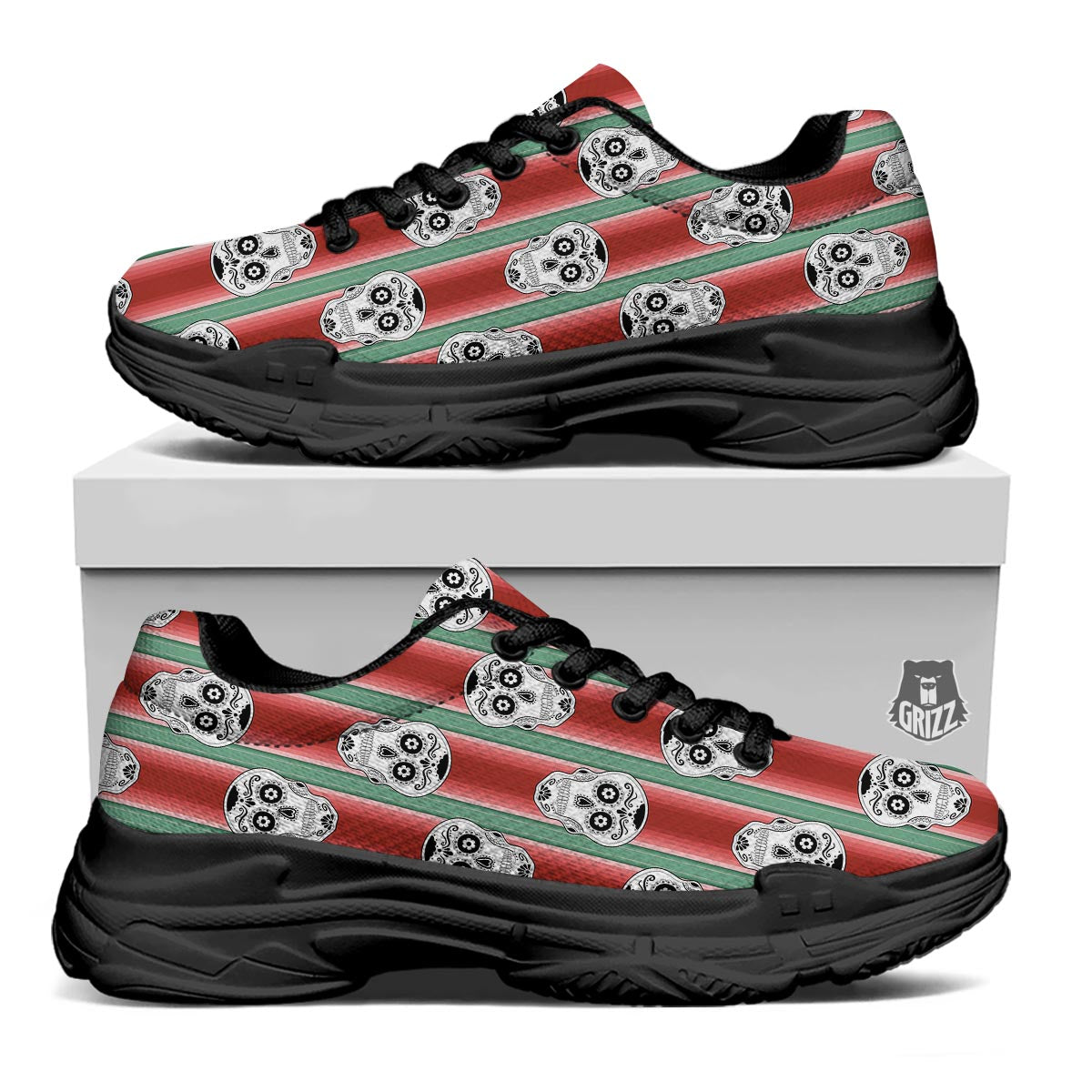 Mexican Serape Sugar Skull Print Pattern Black Chunky Shoes-grizzshop