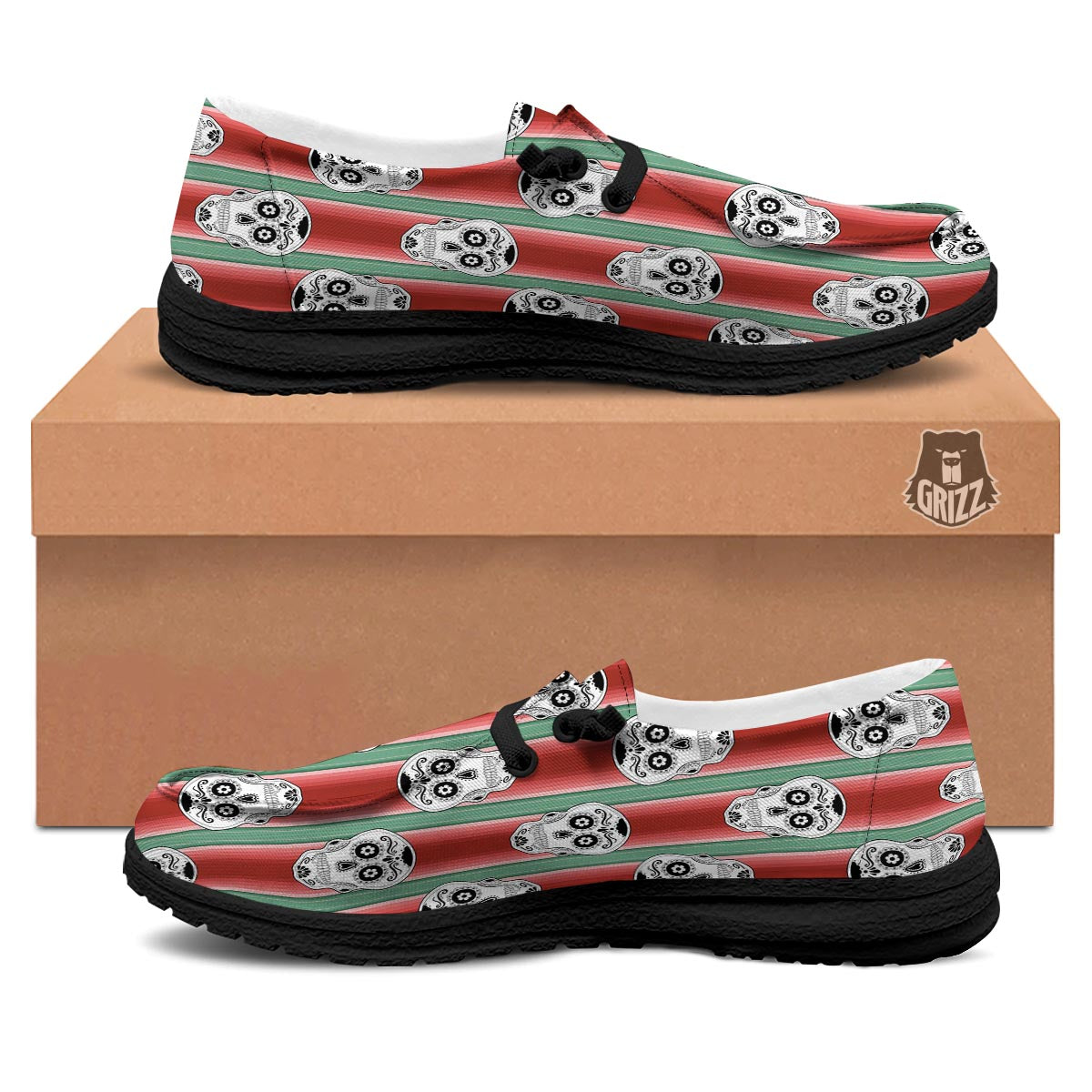 Mexican Serape Sugar Skull Print Pattern Black Loafers-grizzshop