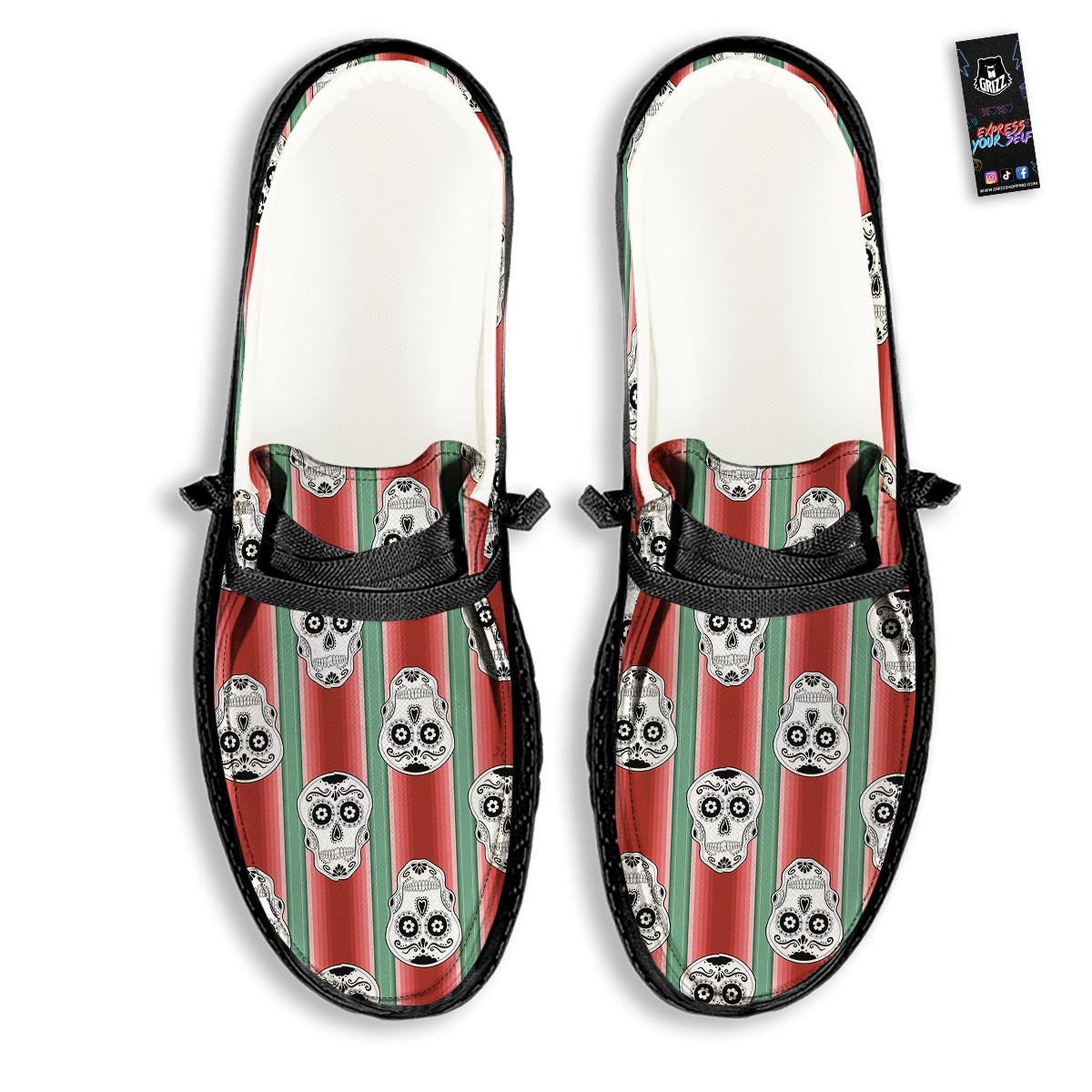 Mexican Serape Sugar Skull Print Pattern Black Loafers-grizzshop