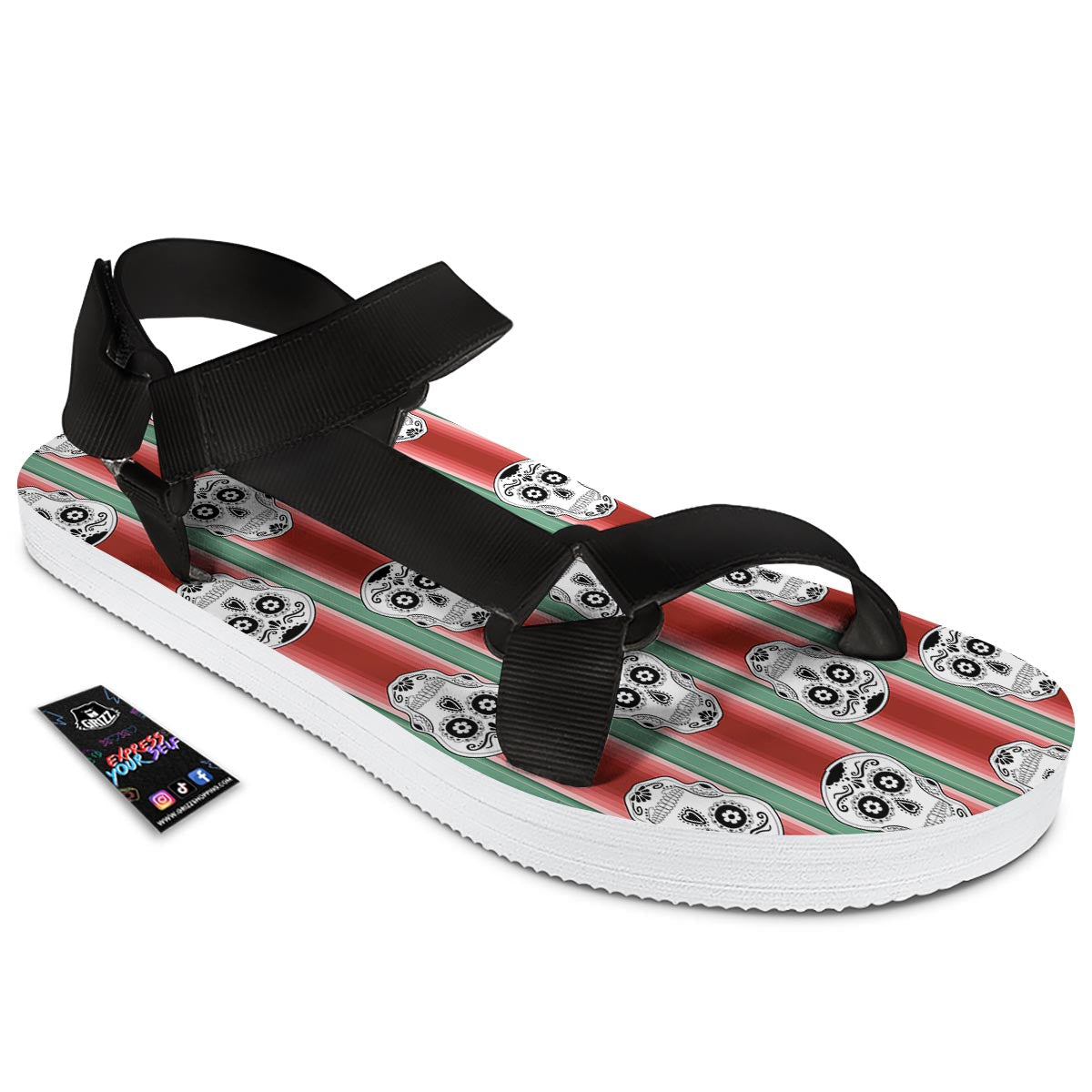 Mexican Serape Sugar Skull Print Pattern Black Open Toe Sandals-grizzshop