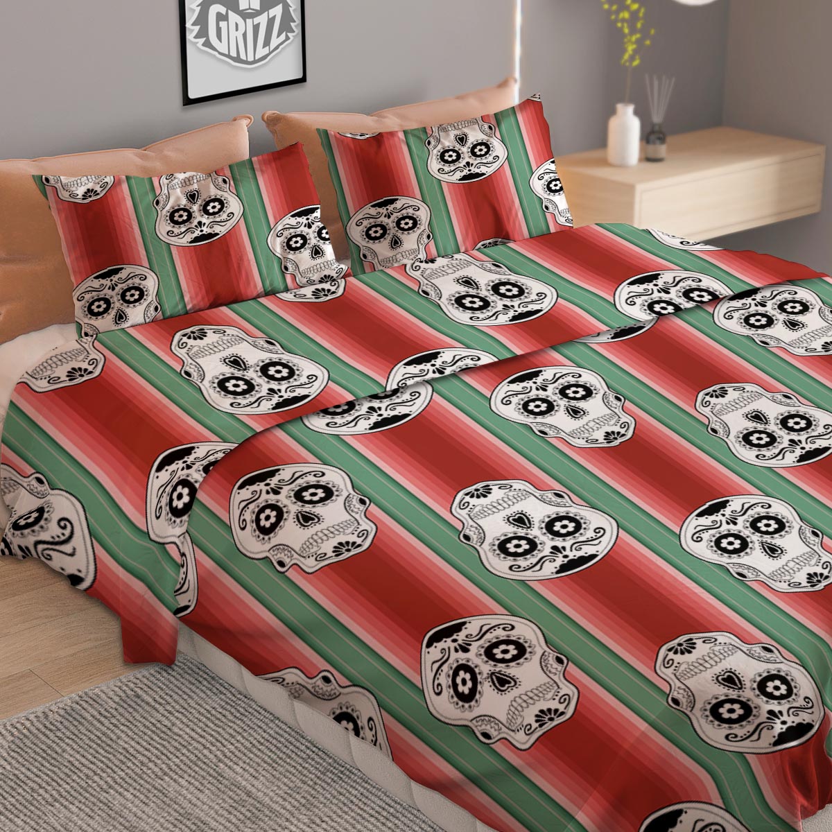 Mexican Serape Sugar Skull Print Pattern Duvet Cover Bedding Set