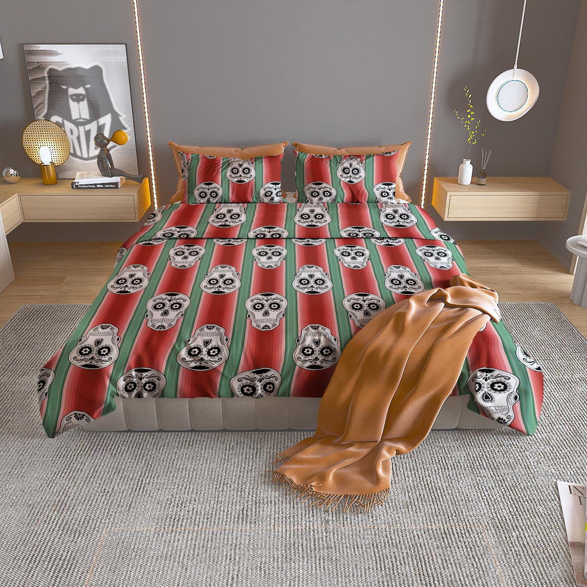 Mexican Serape Sugar Skull Print Pattern Duvet Cover Bedding Set