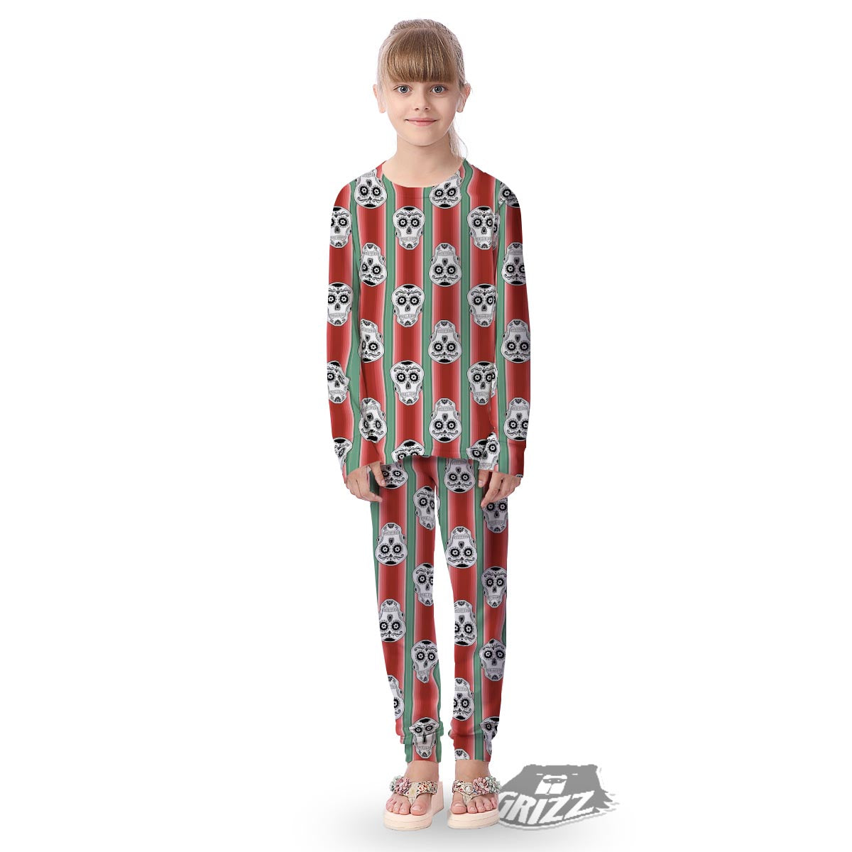 Mexican Serape Sugar Skull Print Pattern Kid's Pajamas-grizzshop