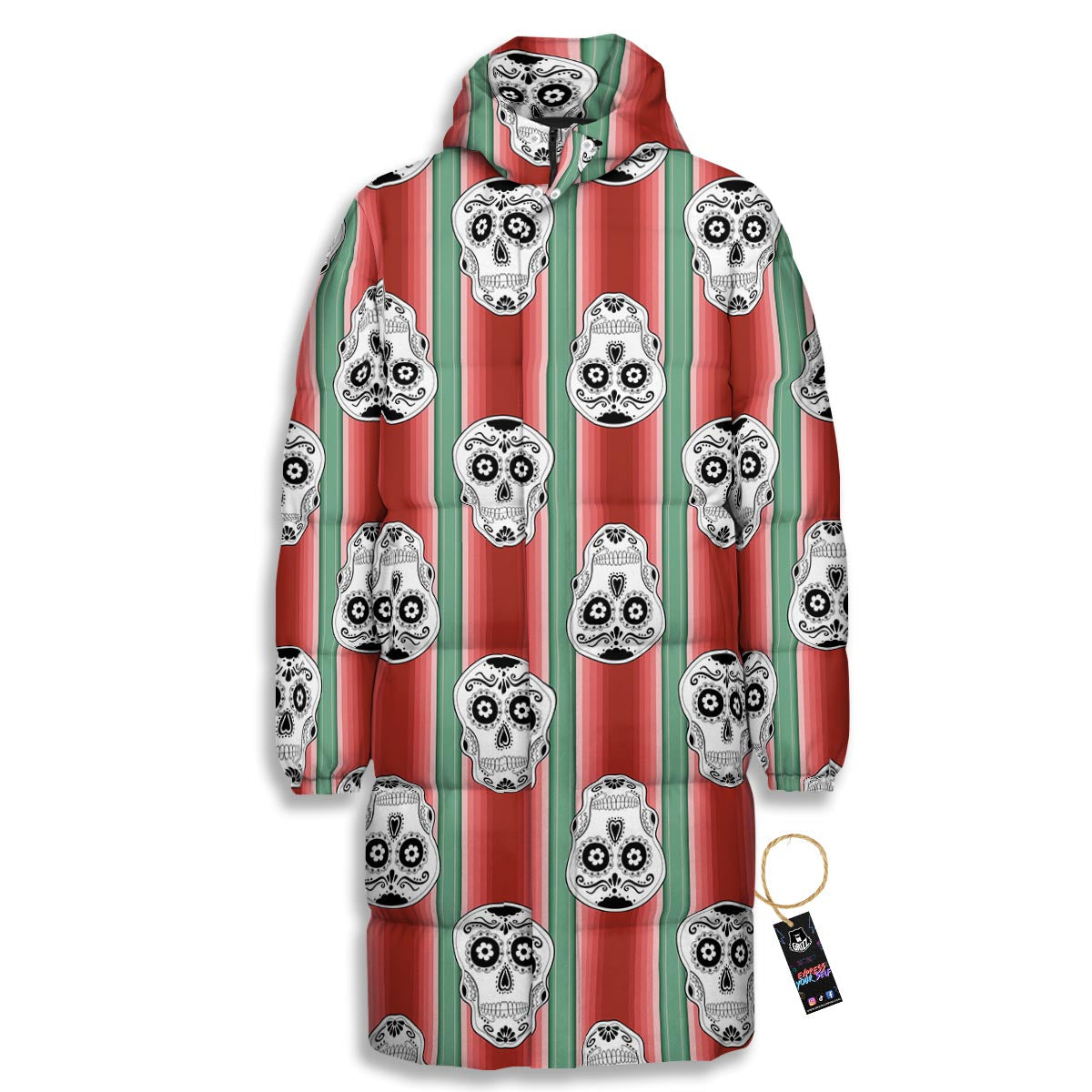 Mexican Serape Sugar Skull Print Pattern Long Down Jacket-grizzshop