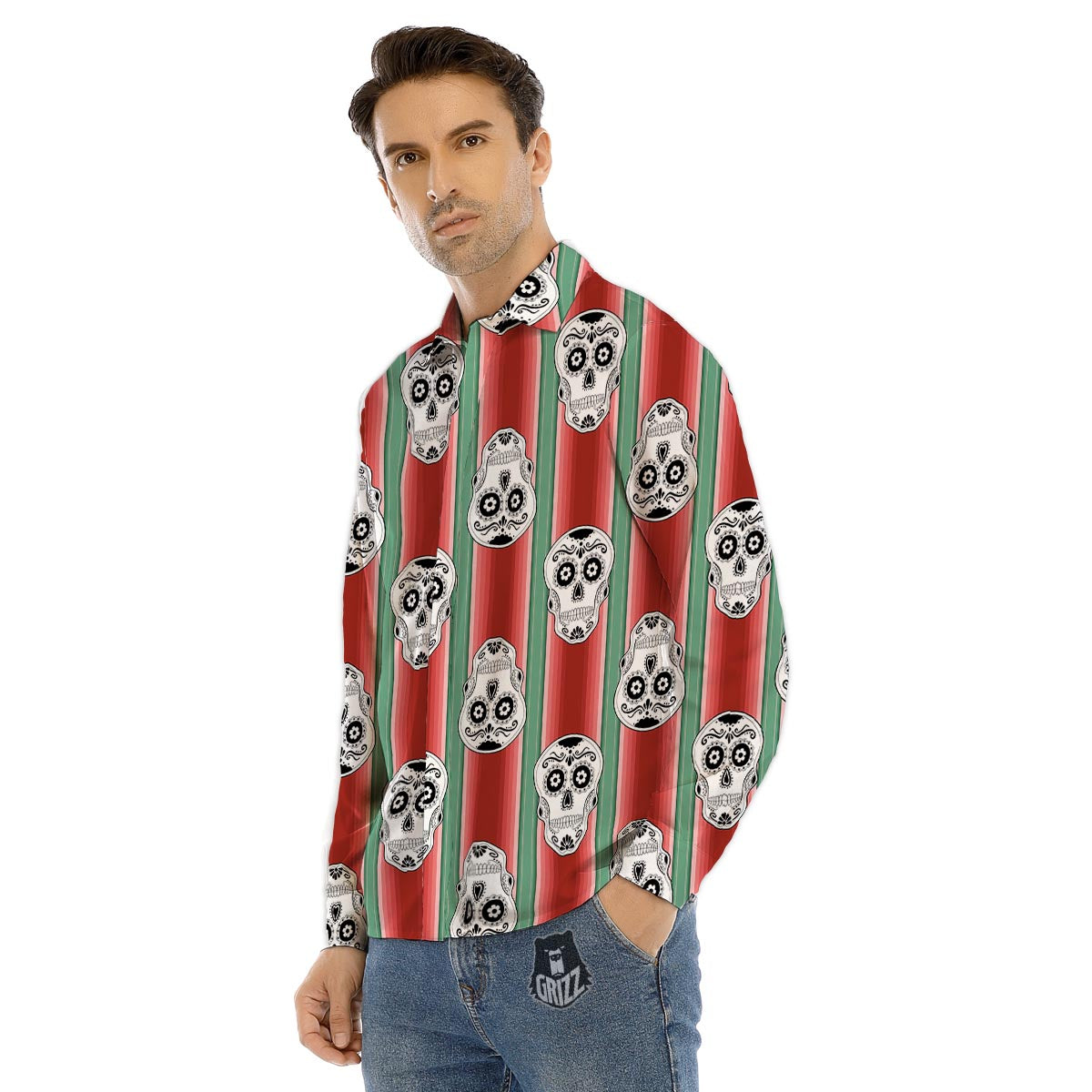 Mexican Serape Sugar Skull Print Pattern Men's Dress Shirts-grizzshop