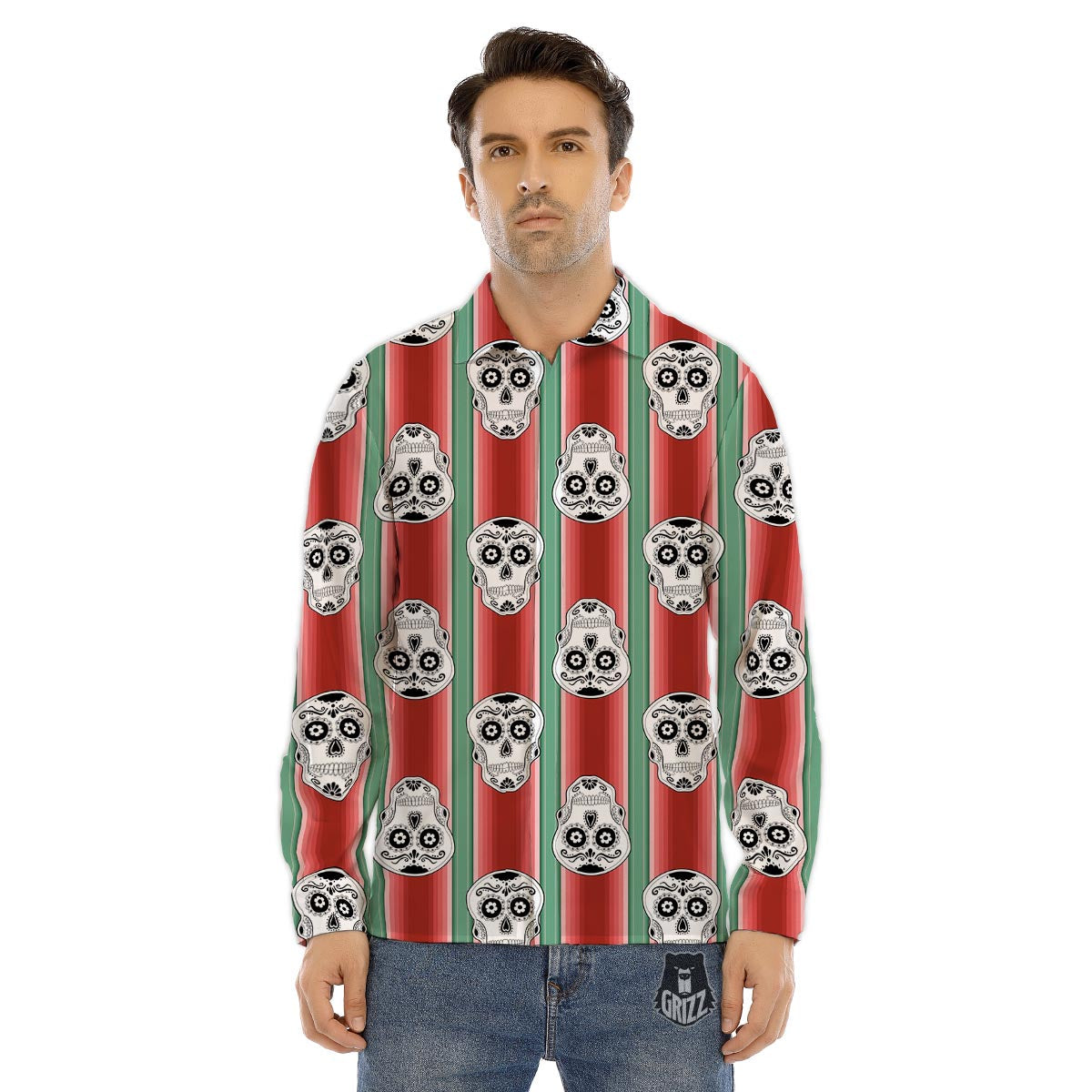 Mexican Serape Sugar Skull Print Pattern Men's Dress Shirts-grizzshop