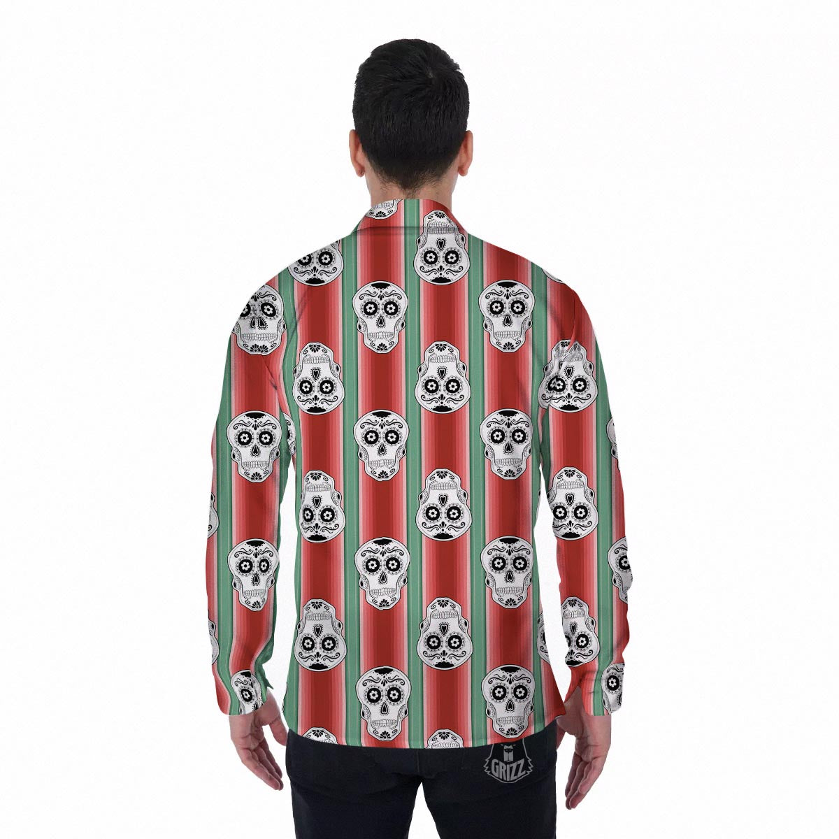 Mexican Serape Sugar Skull Print Pattern Men's Long Sleeve Shirts-grizzshop