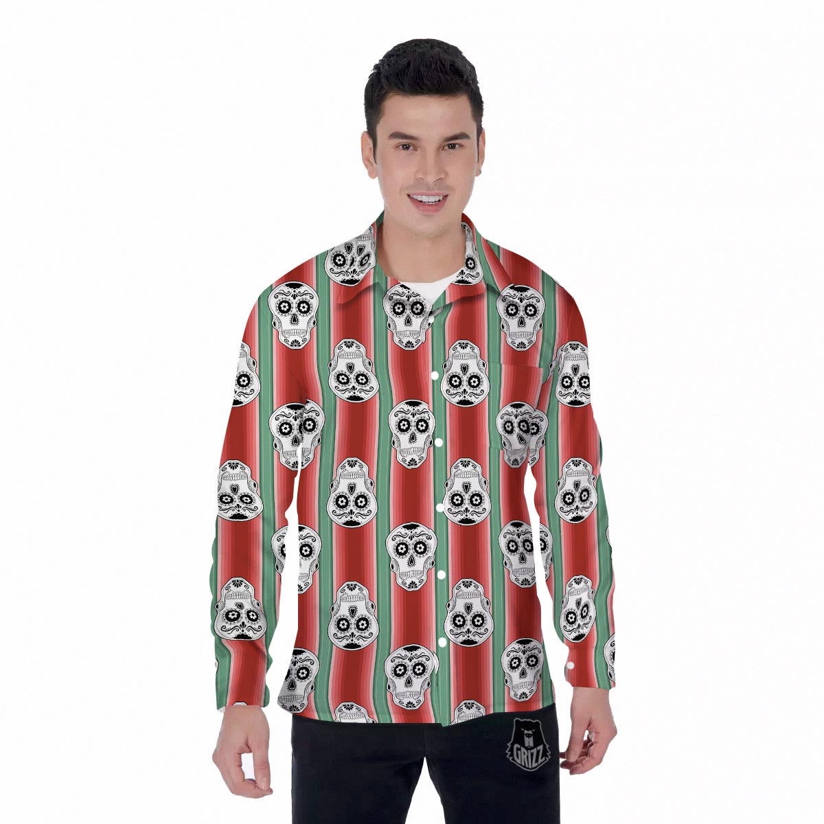 Mexican Serape Sugar Skull Print Pattern Men's Long Sleeve Shirts-grizzshop