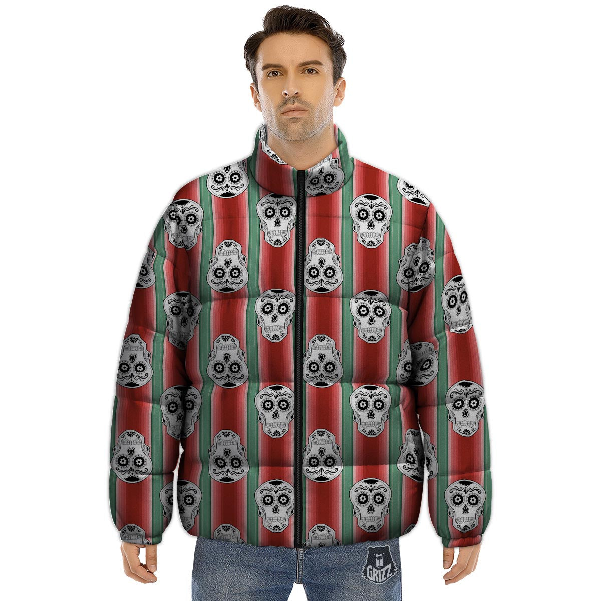 Mexican Serape Sugar Skull Print Pattern Puffer Jacket-grizzshop