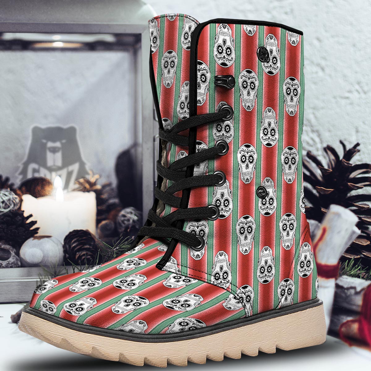 Mexican Serape Sugar Skull Print Pattern Snow Boots-grizzshop