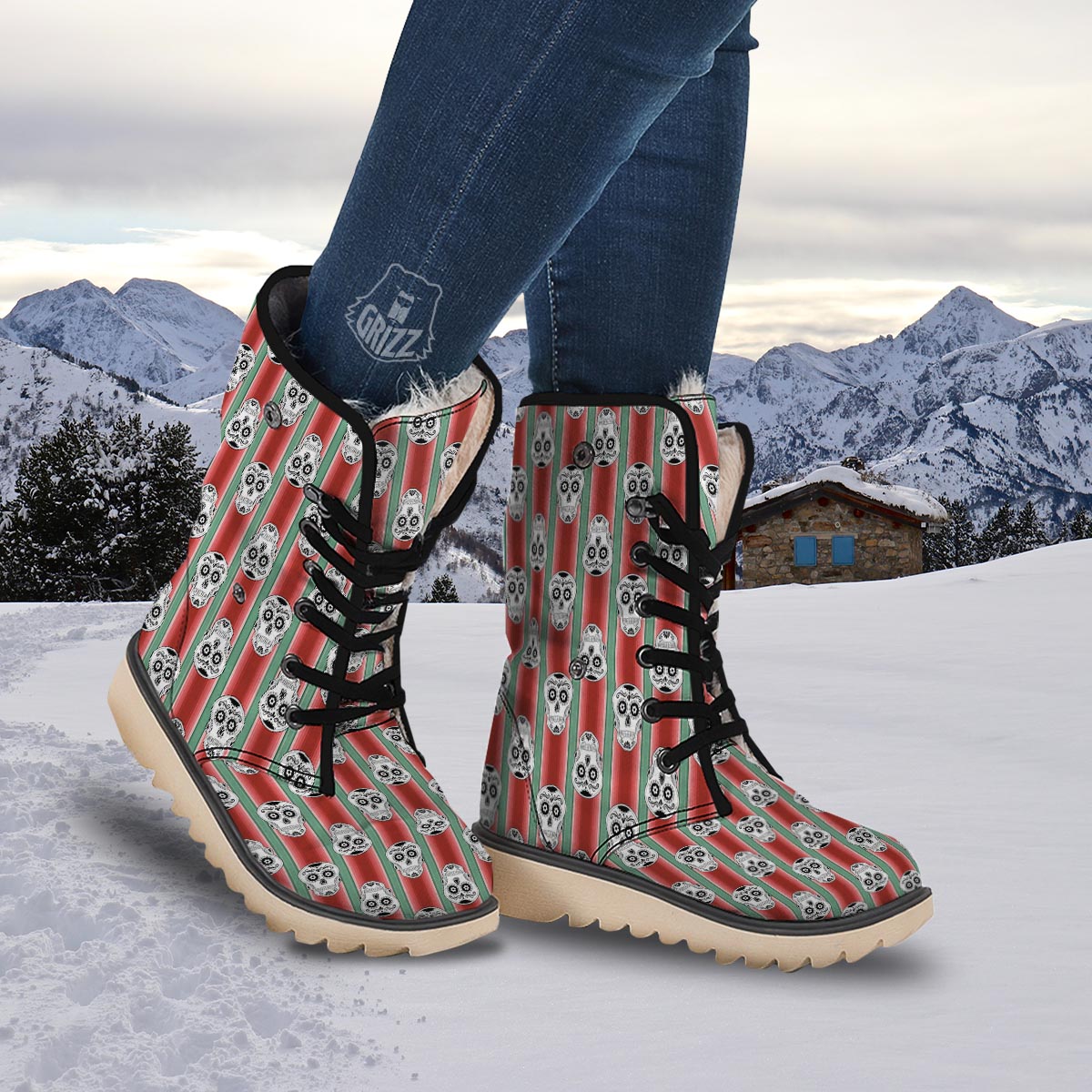 Mexican Serape Sugar Skull Print Pattern Snow Boots-grizzshop