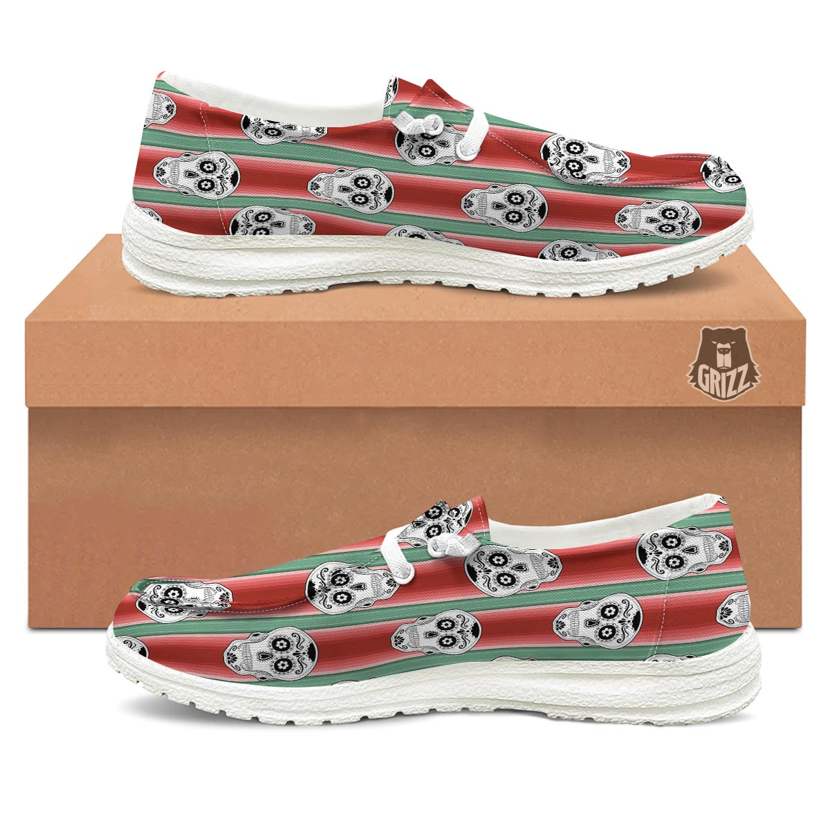 Mexican Serape Sugar Skull Print Pattern White Loafers-grizzshop