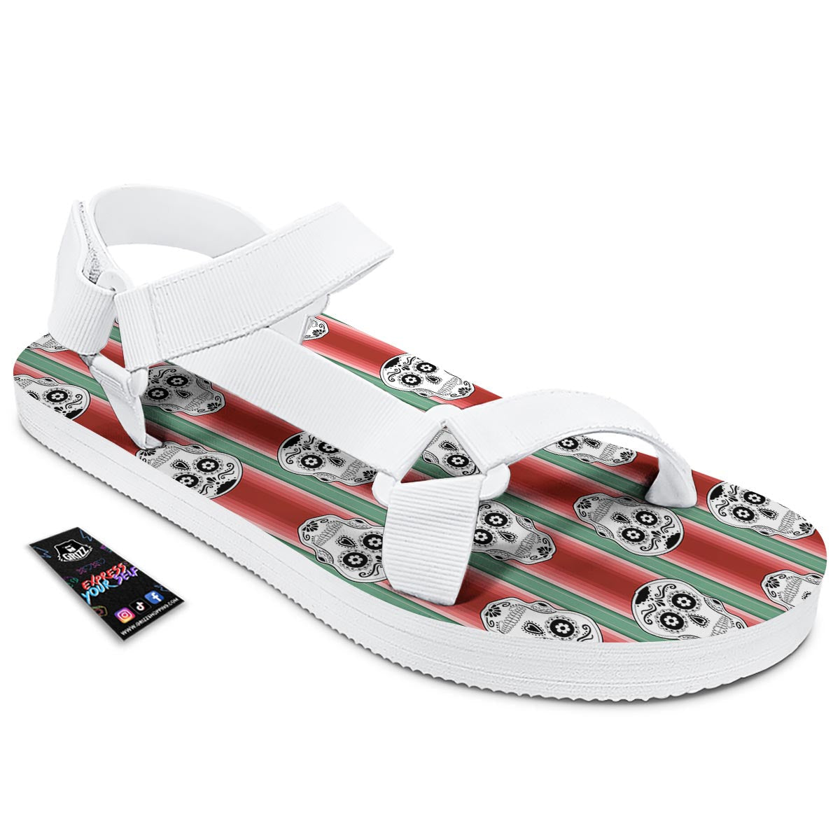 Mexican Serape Sugar Skull Print Pattern White Open Toe Sandals-grizzshop