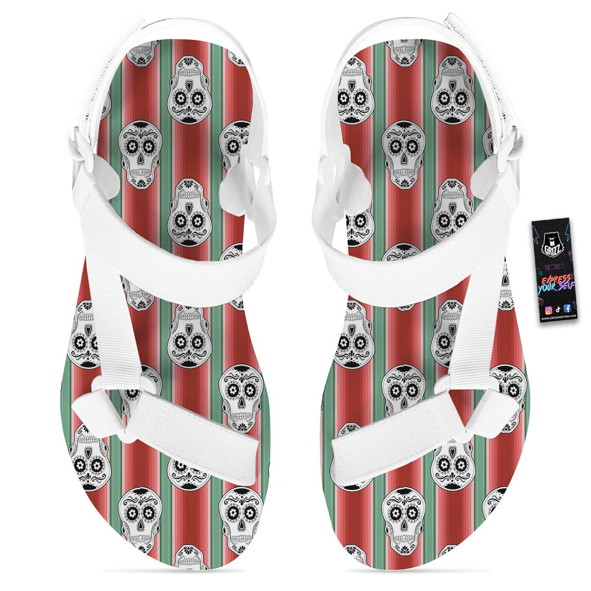 Mexican Serape Sugar Skull Print Pattern White Open Toe Sandals-grizzshop