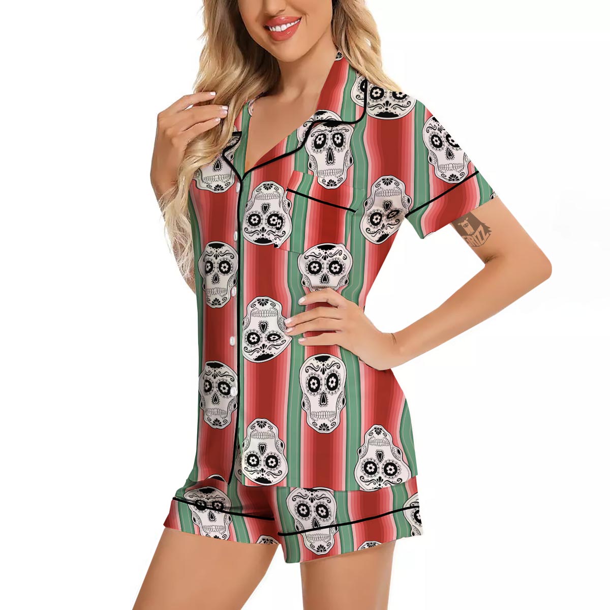 Mexican Serape Sugar Skull Print Pattern Women Silk Pajamas-grizzshop