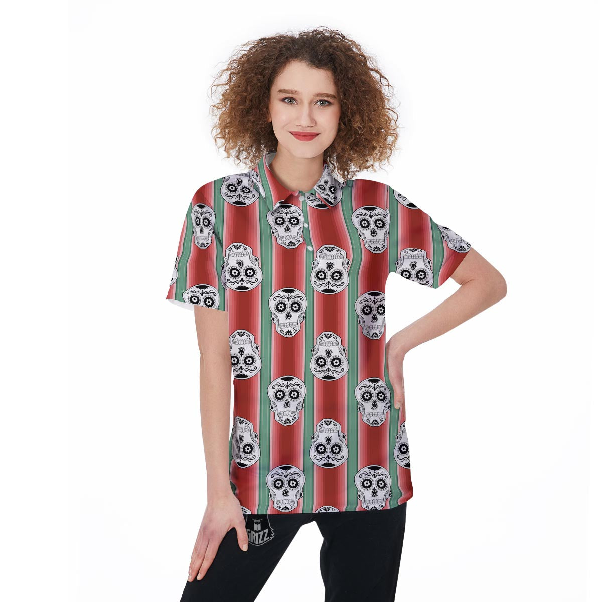 Mexican Serape Sugar Skull Print Pattern Women's Golf Shirts-grizzshop