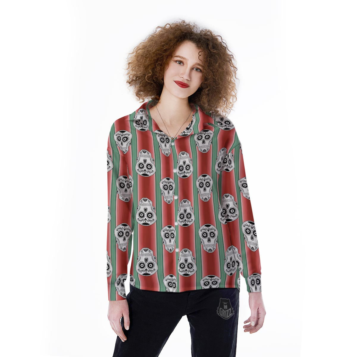 Mexican Serape Sugar Skull Print Pattern Women's Long Sleeve Shirts-grizzshop