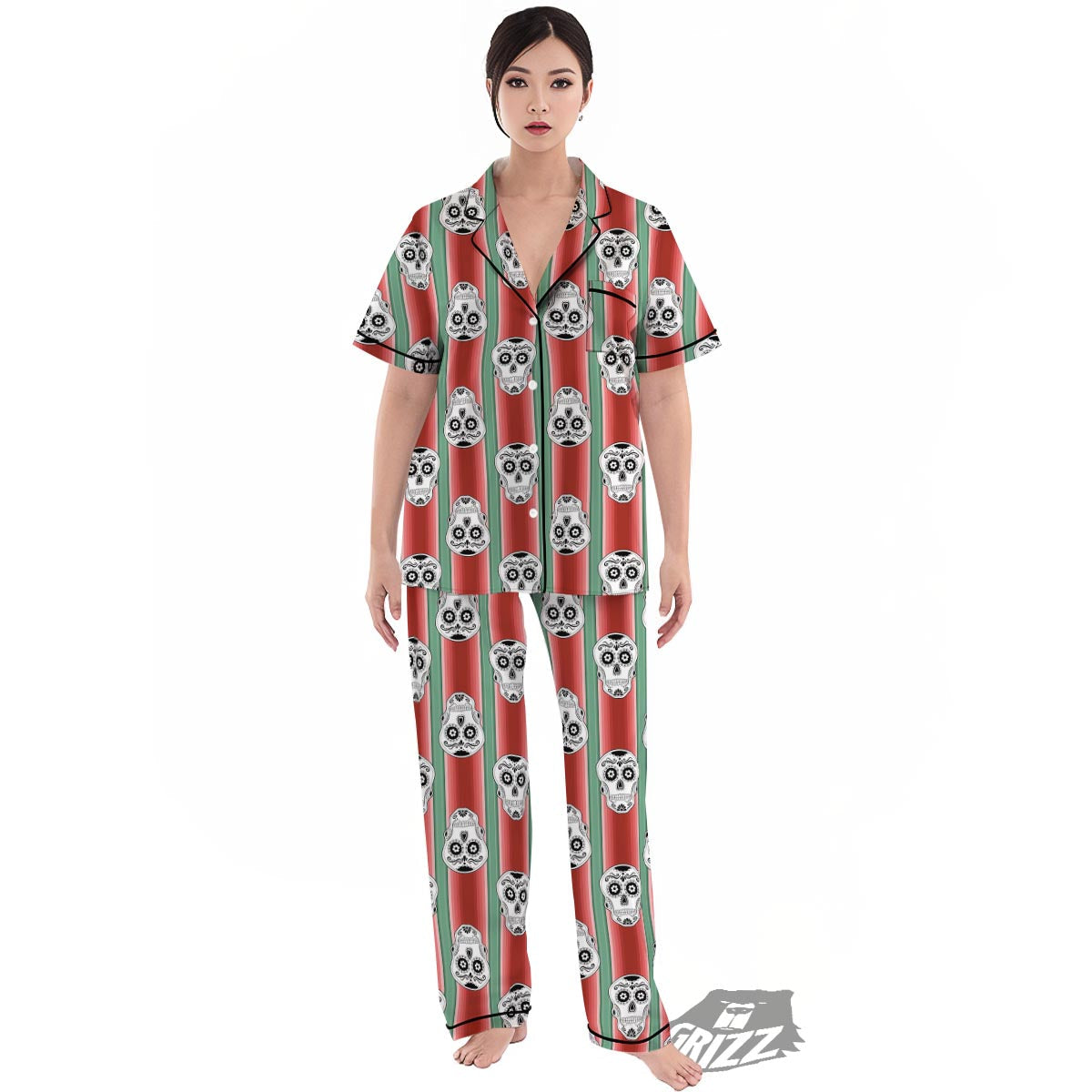 Mexican Serape Sugar Skull Print Pattern Women's Pajamas Set-grizzshop