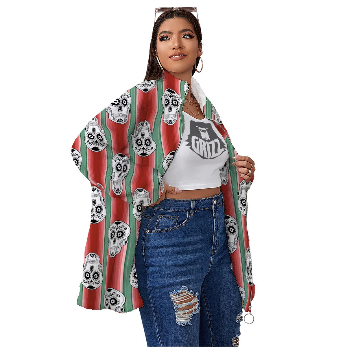 Mexican Serape Sugar Skull Print Pattern Women's Sherpa Jacket-grizzshop