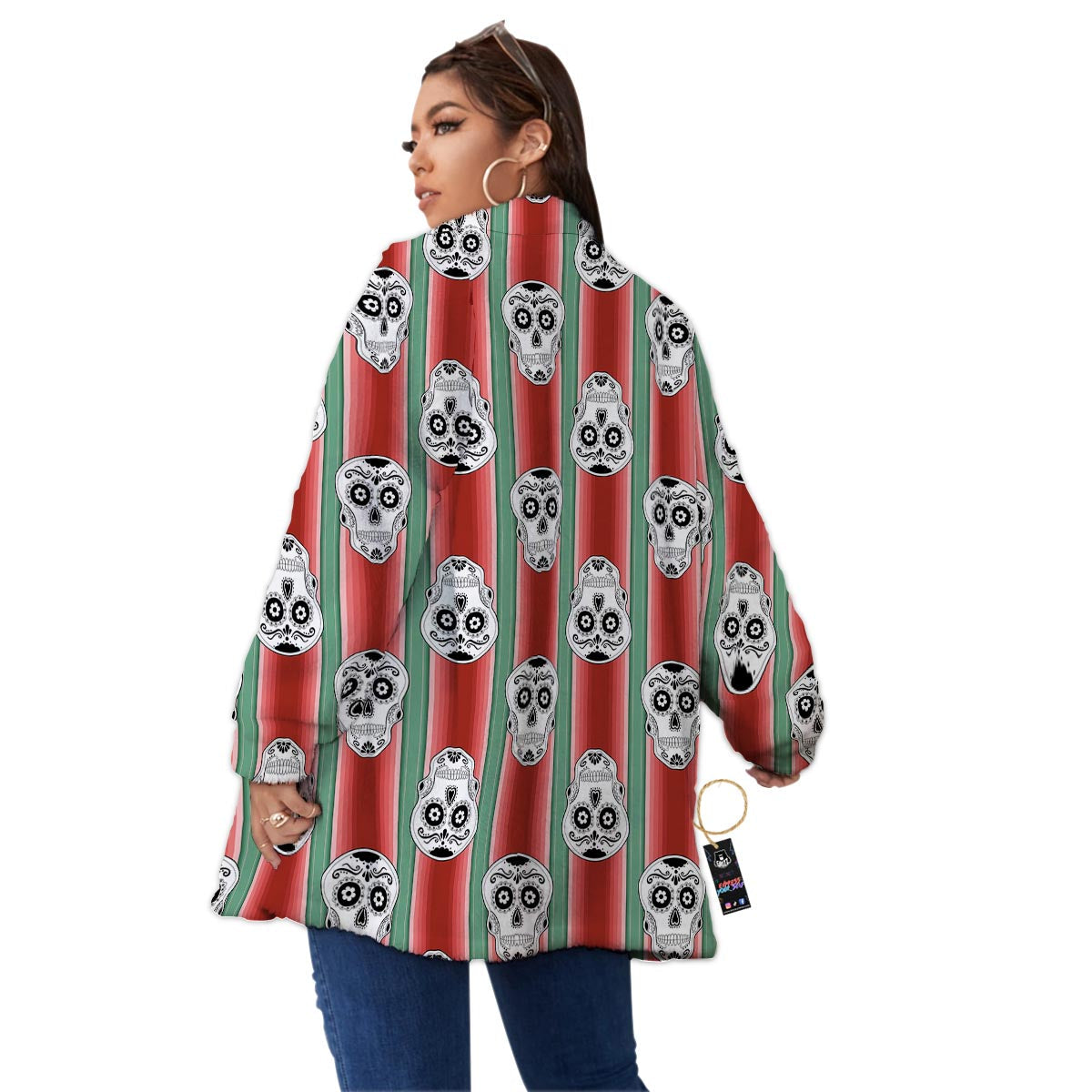 Mexican Serape Sugar Skull Print Pattern Women's Sherpa Jacket-grizzshop