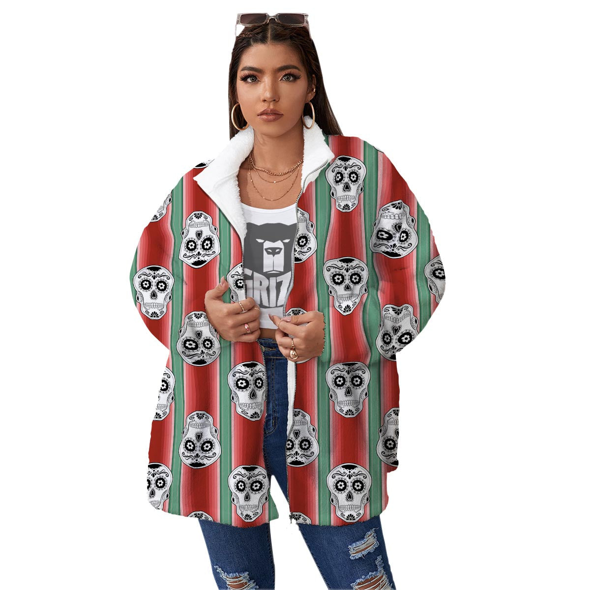 Mexican Serape Sugar Skull Print Pattern Women's Sherpa Jacket-grizzshop