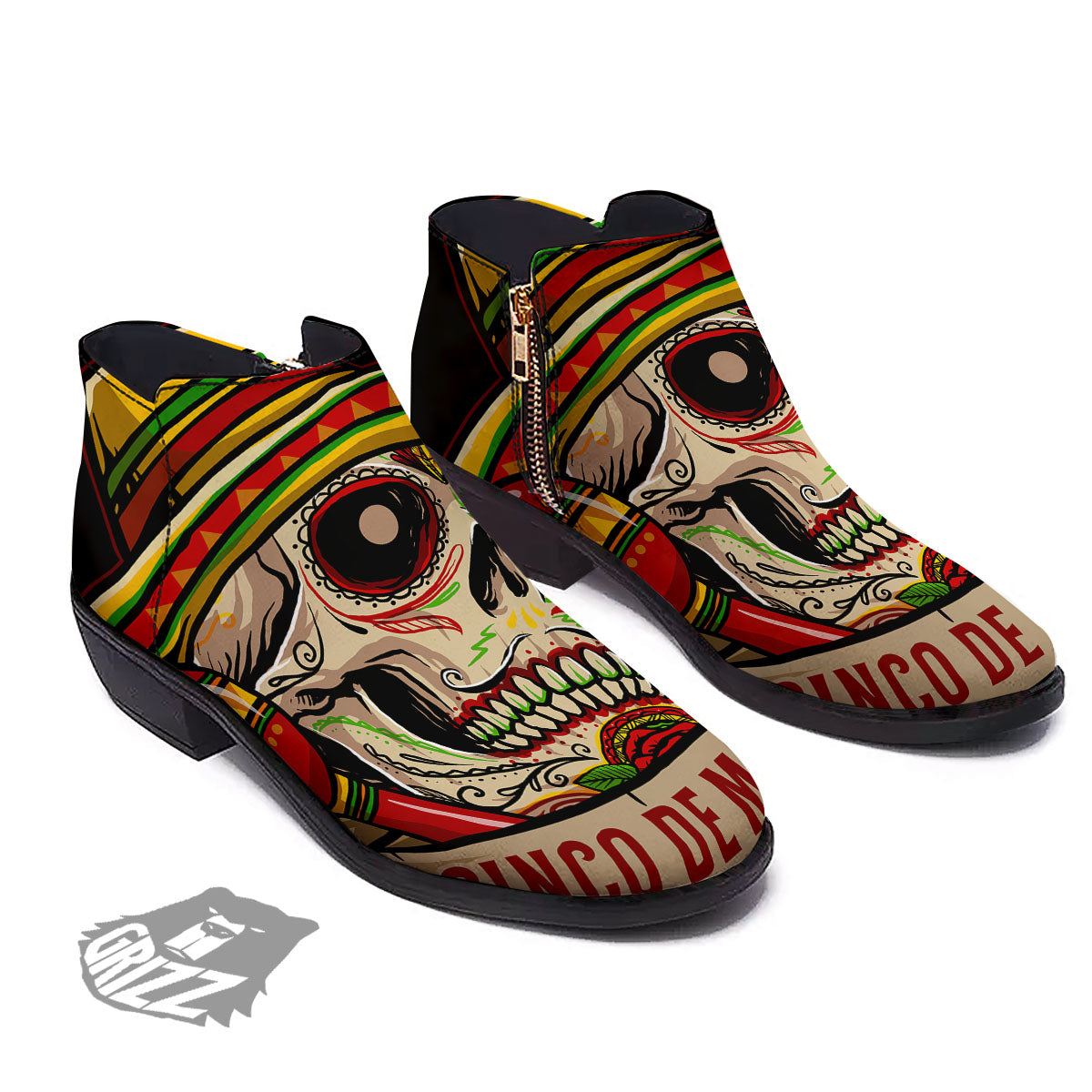 Mexican Skull Cinco de Mayo Print Ankle Boots-grizzshop