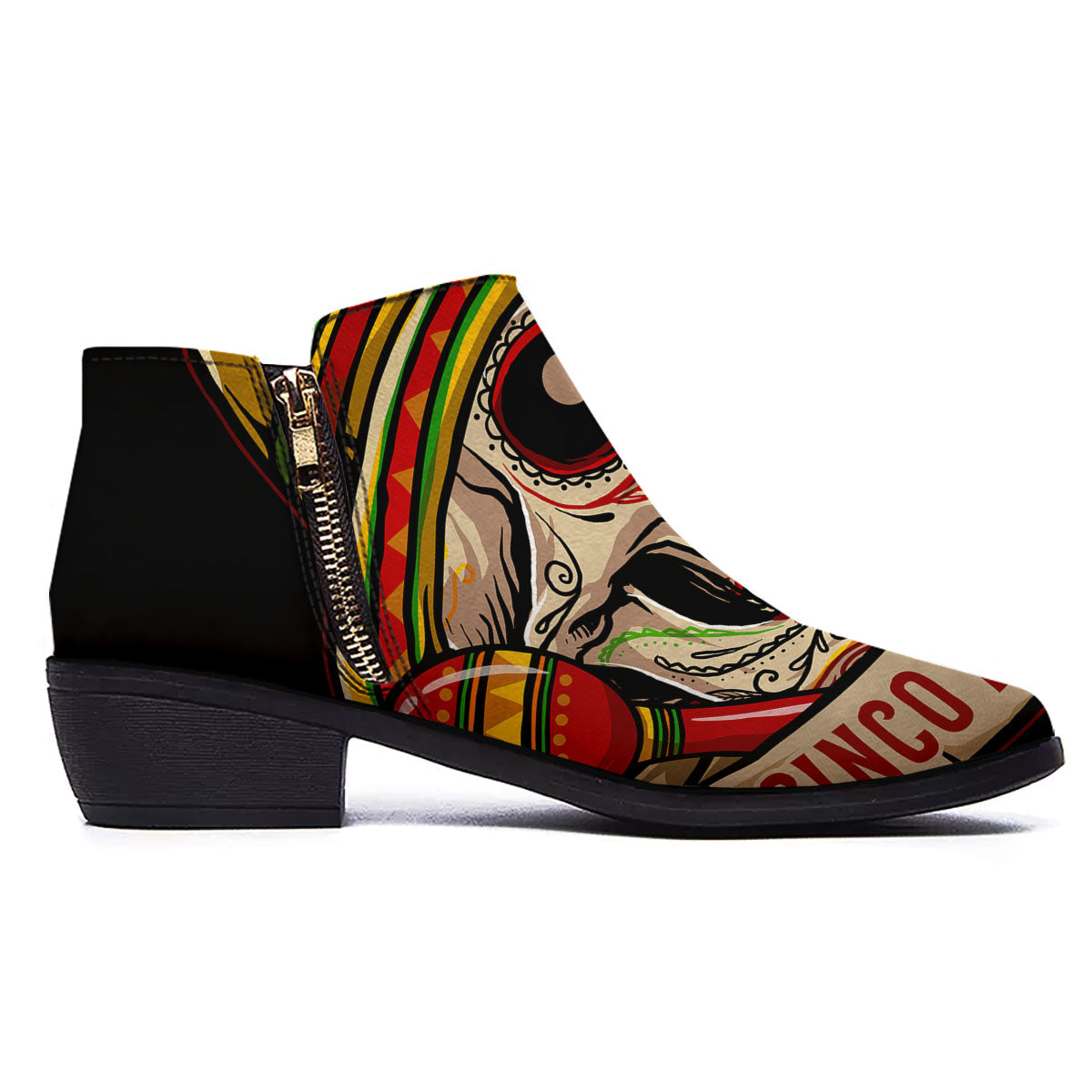 Mexican Skull Cinco de Mayo Print Ankle Boots-grizzshop