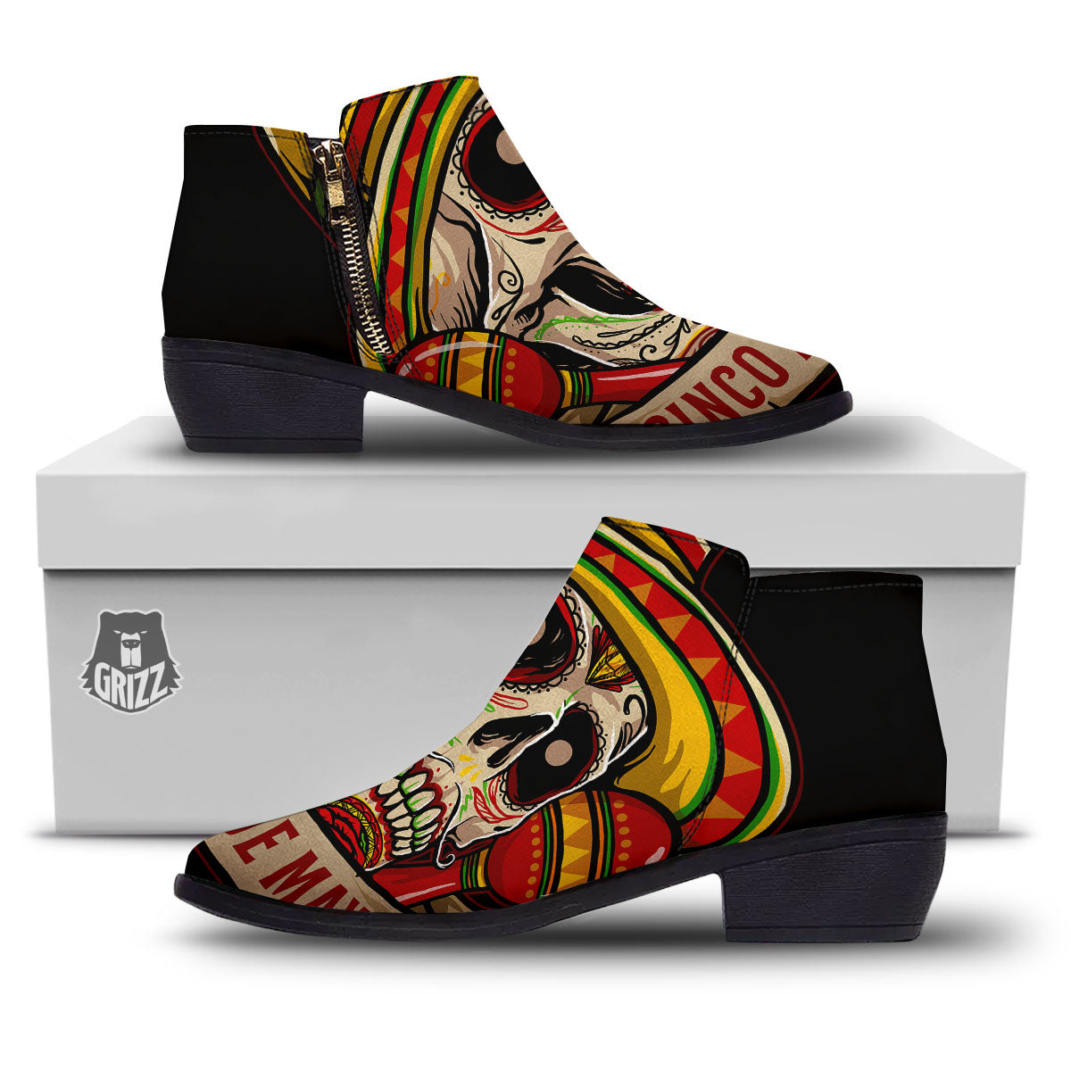 Mexican Skull Cinco de Mayo Print Ankle Boots-grizzshop