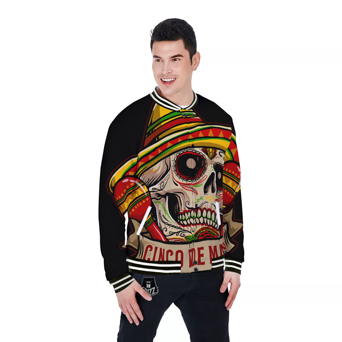 Mexican Skull Cinco de Mayo Print Baseball Jacket-grizzshop
