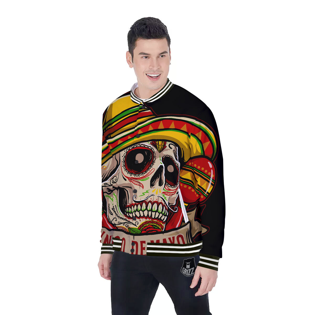 Mexican Skull Cinco de Mayo Print Baseball Jacket-grizzshop