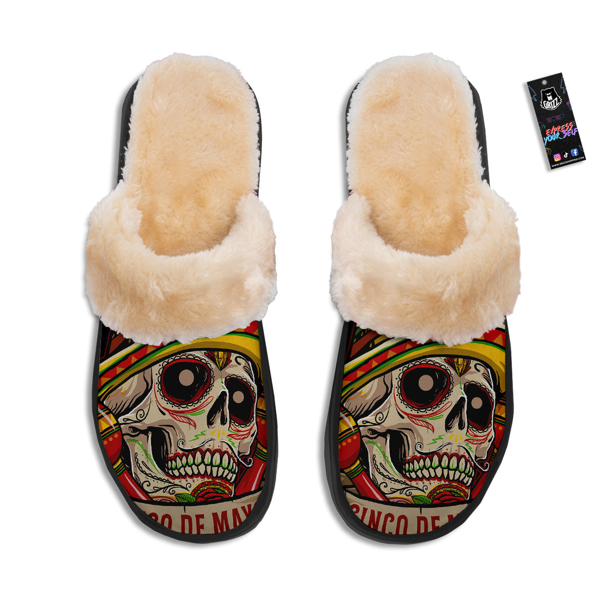 Mexican Skull Cinco de Mayo Print Slippers-grizzshop