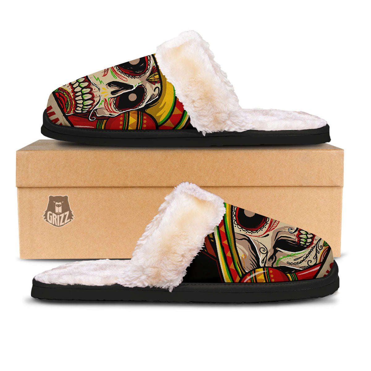 Mexican Skull Cinco de Mayo Print Slippers-grizzshop