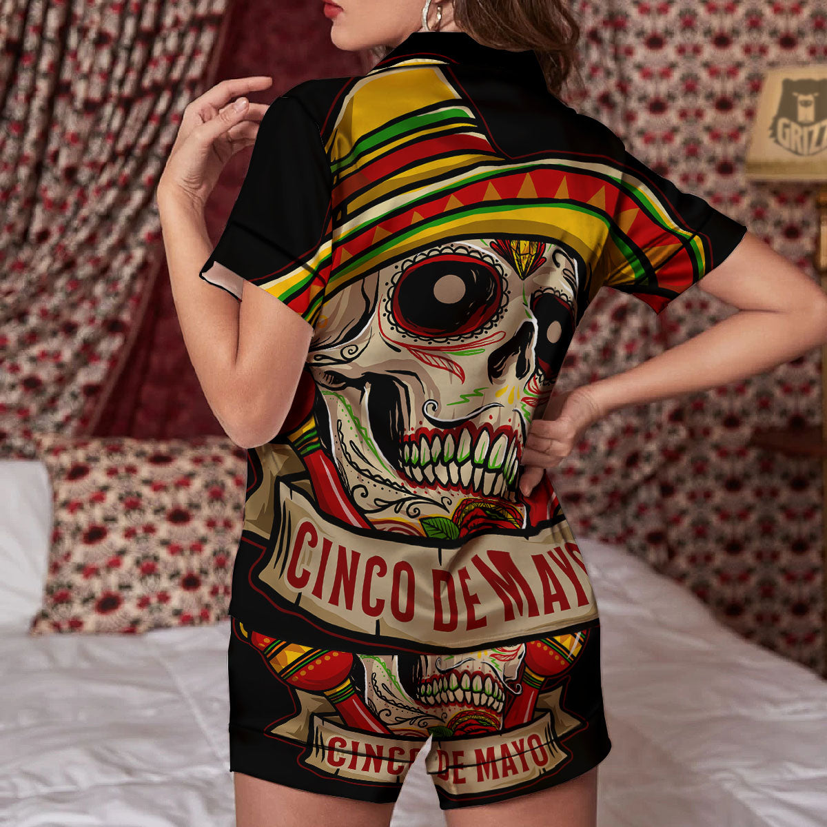 Mexican Skull Cinco de Mayo Print Women Silk Pajamas-grizzshop