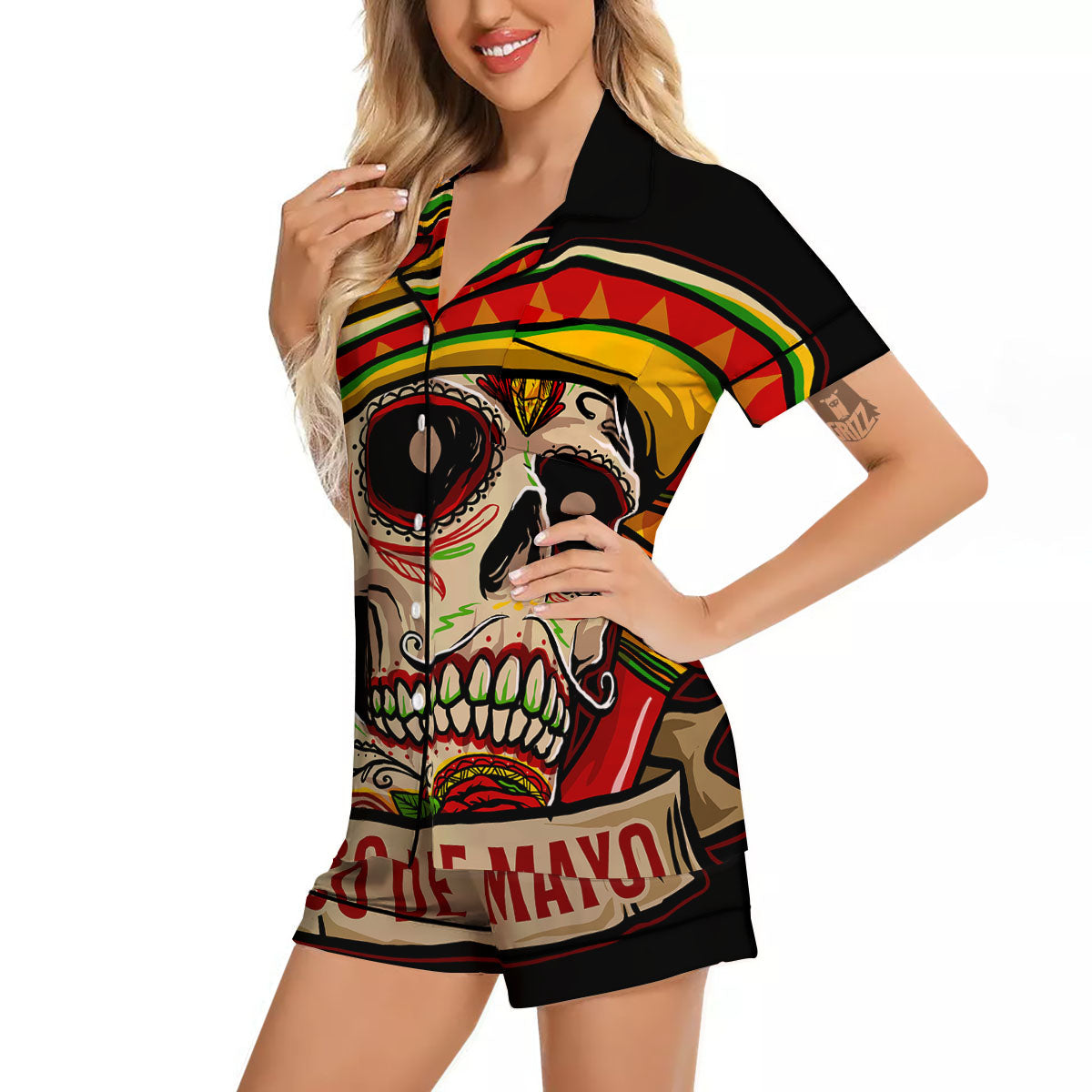 Mexican Skull Cinco de Mayo Print Women Silk Pajamas-grizzshop