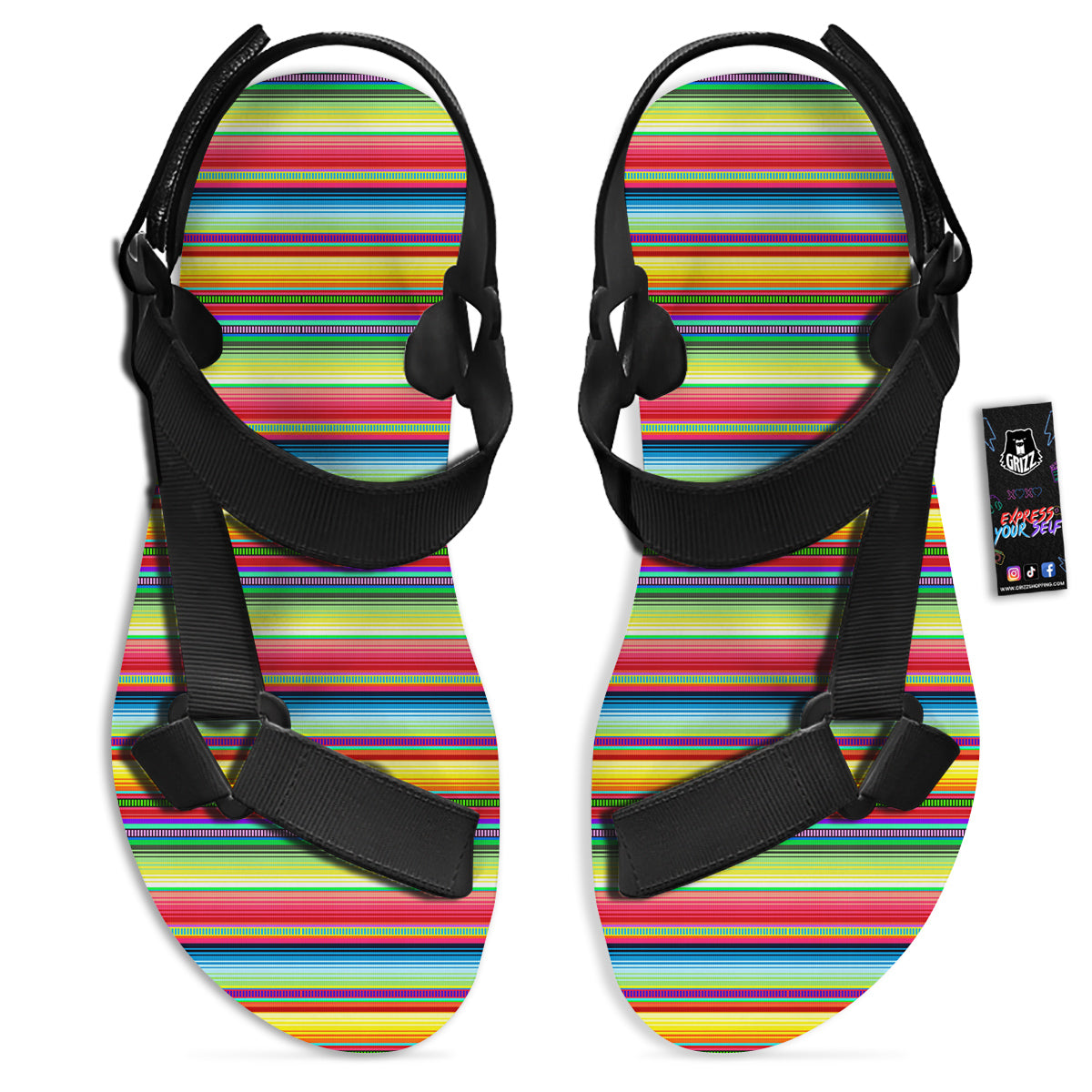 Mexican Stripe Cinco De Mayo Print Black Open Toe Sandals-grizzshop