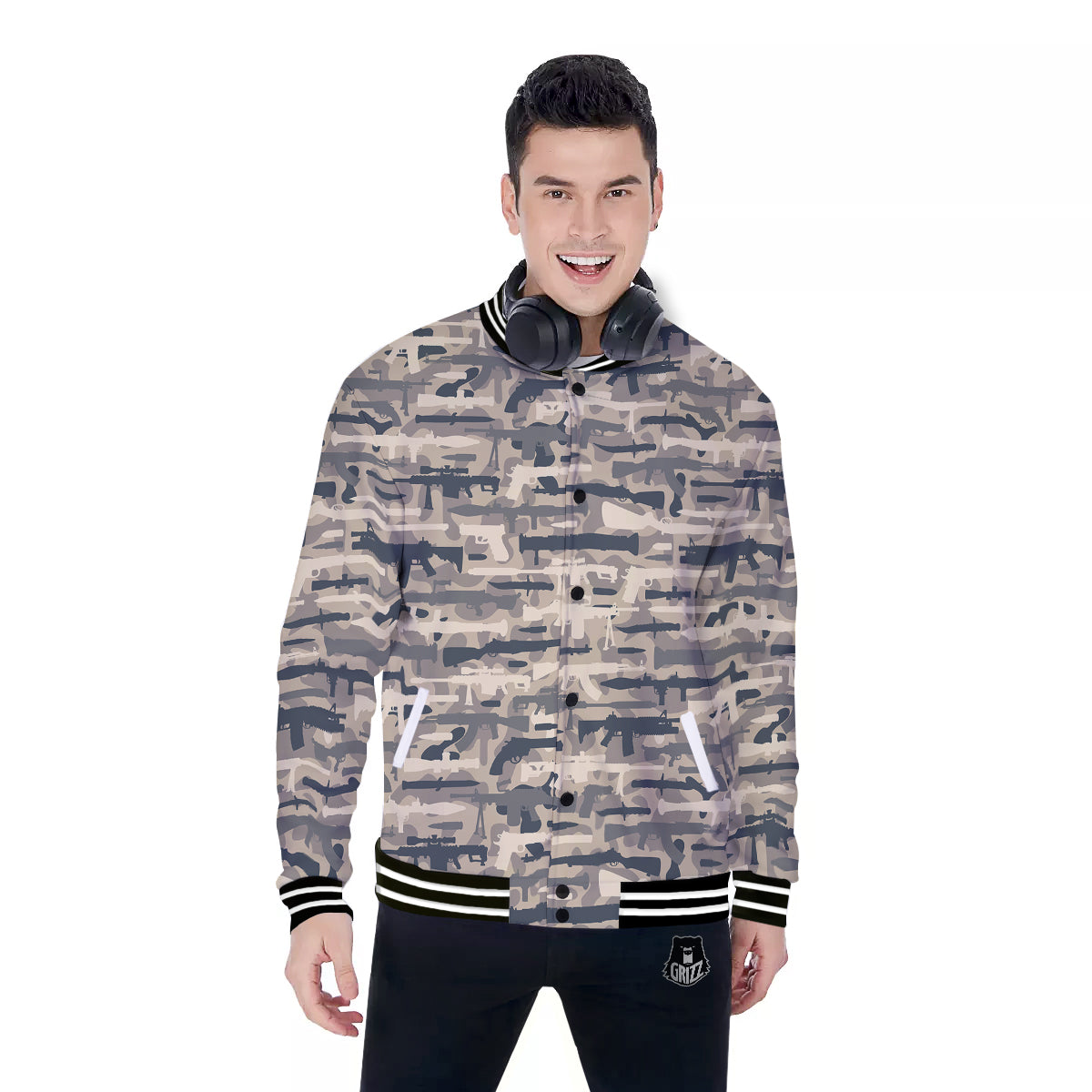 Military Gun Air Force Camo Print Baseball Jacket-grizzshop