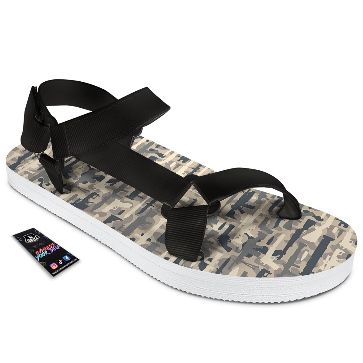 Military Gun Air Force Camo Print Black Open Toe Sandals-grizzshop