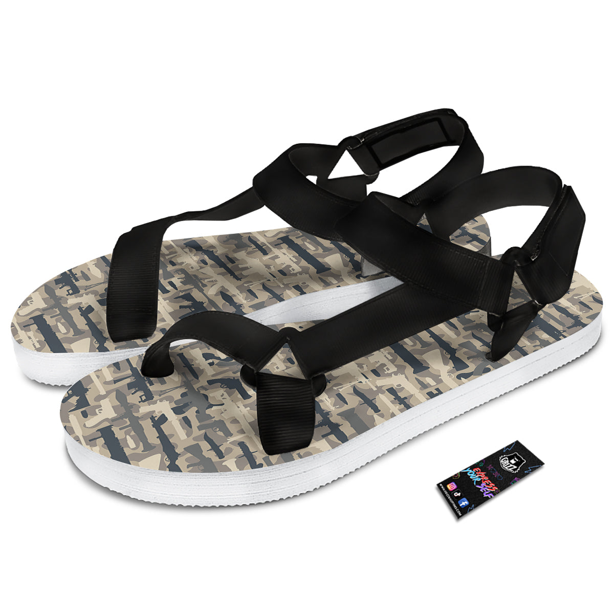 Military Gun Air Force Camo Print Black Open Toe Sandals-grizzshop