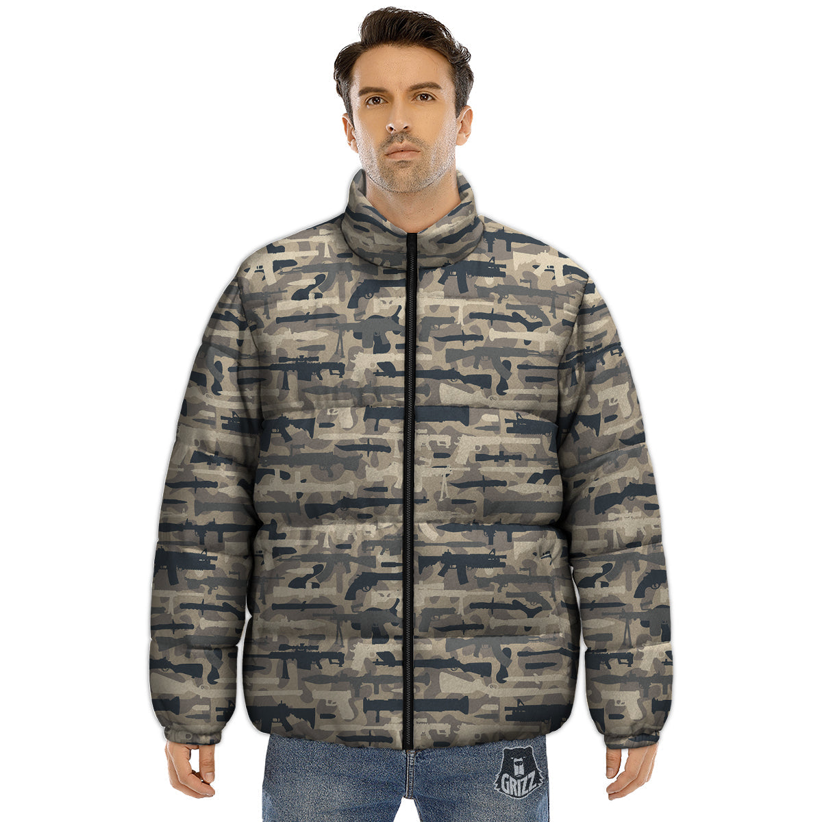 Military Gun Air Force Camo Print Puffer Jacket-grizzshop