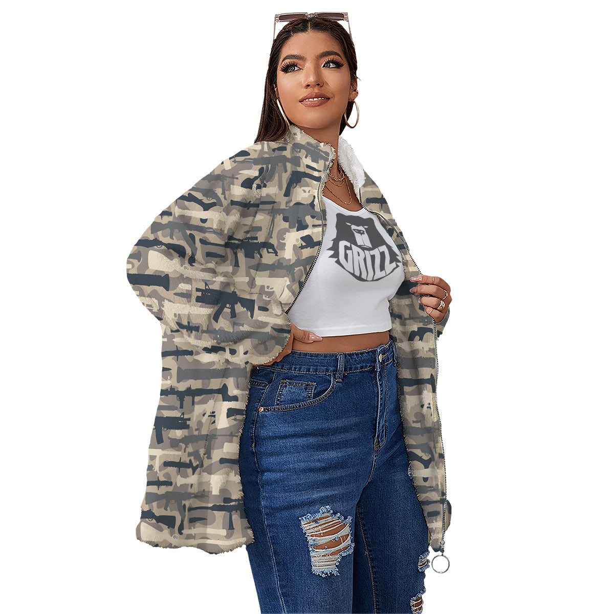 Military Gun Air Force Camo Print Women's Sherpa Jacket-grizzshop