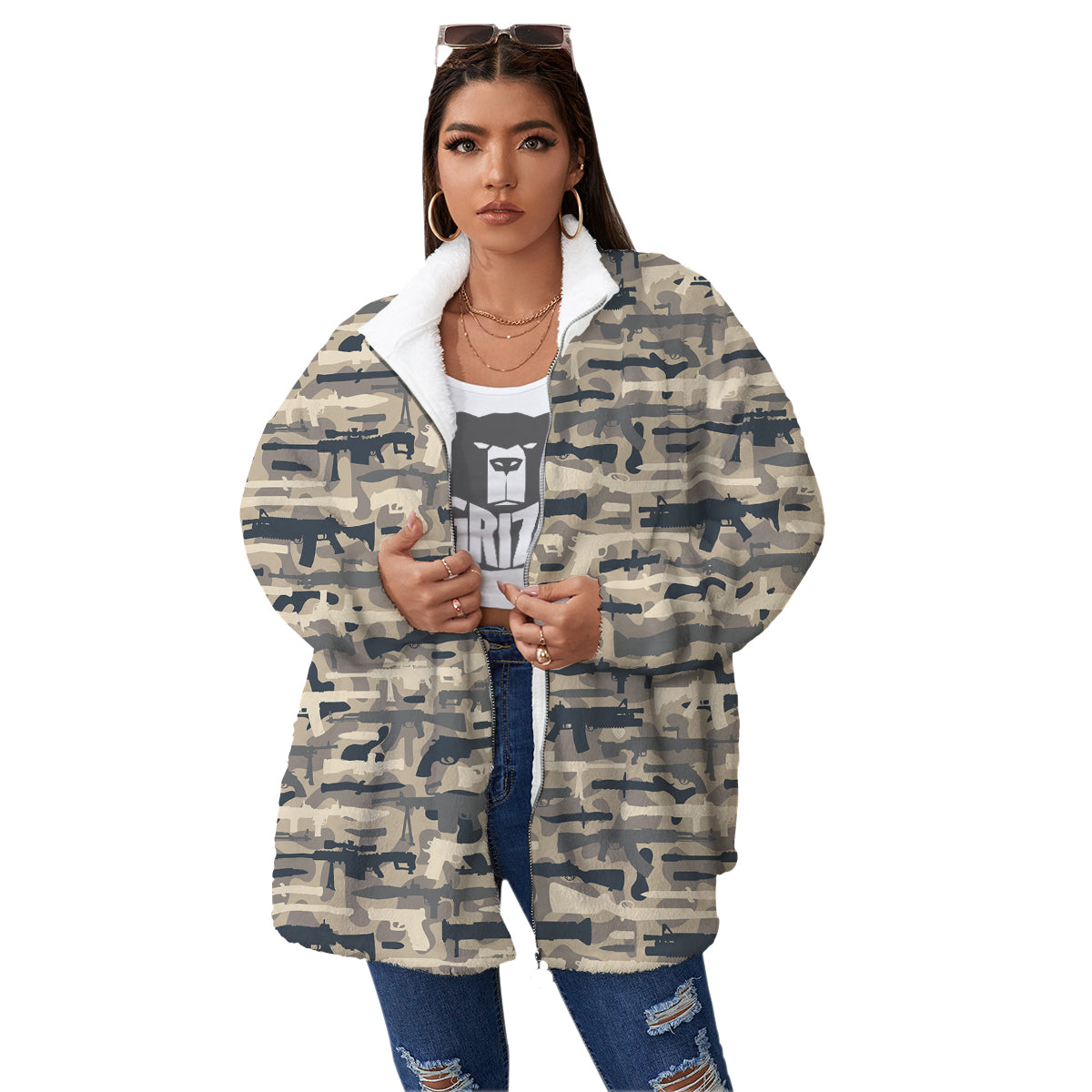 Military Gun Air Force Camo Print Women's Sherpa Jacket-grizzshop