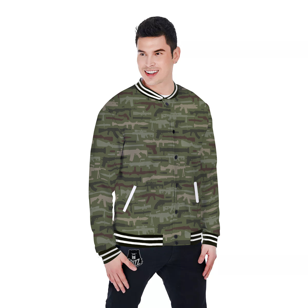 Military Gun Camo Print Baseball Jacket-grizzshop