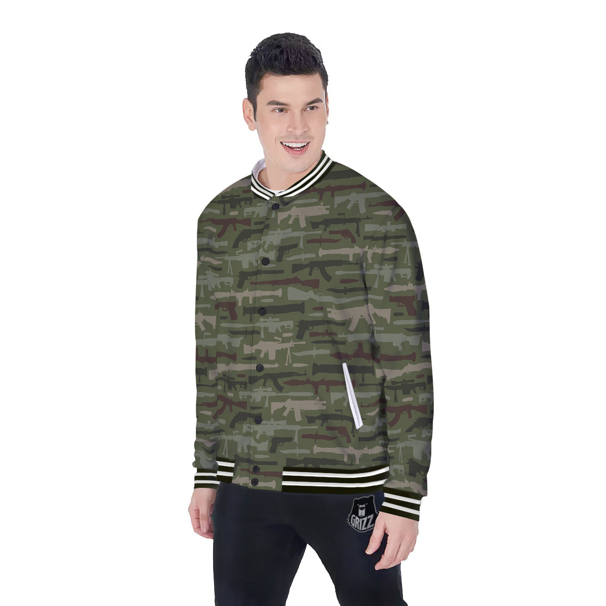 Military Gun Camo Print Baseball Jacket-grizzshop