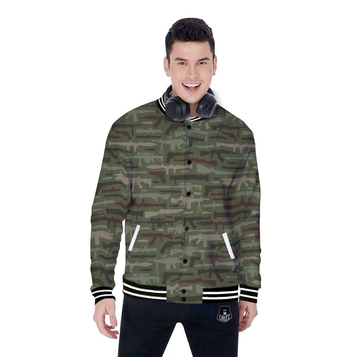 Military Gun Camo Print Baseball Jacket-grizzshop