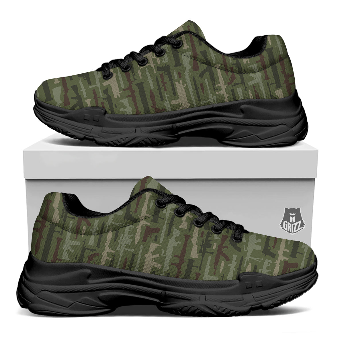 Military Gun Camo Print Black Chunky Shoes-grizzshop