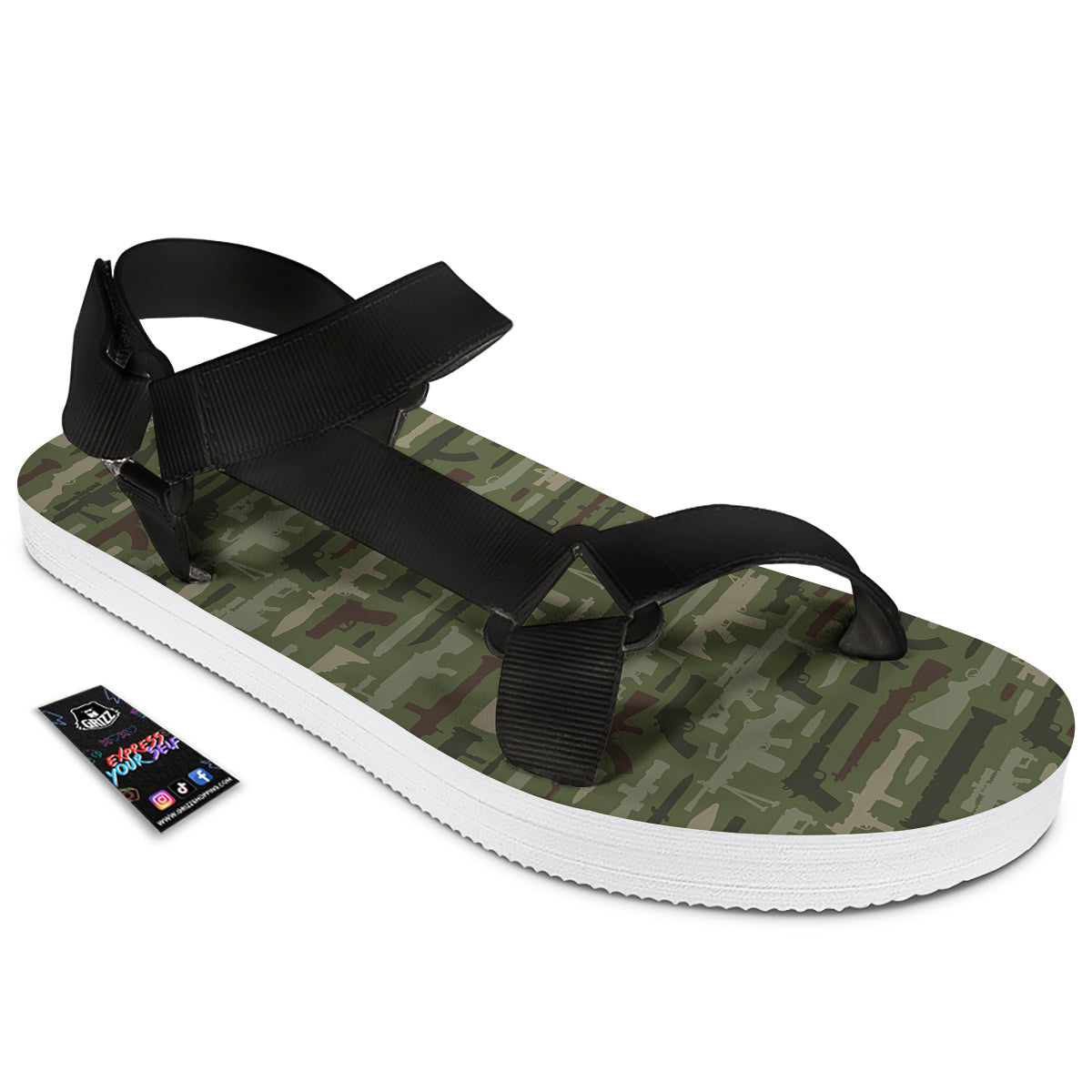 Military Gun Camo Print Black Open Toe Sandals-grizzshop