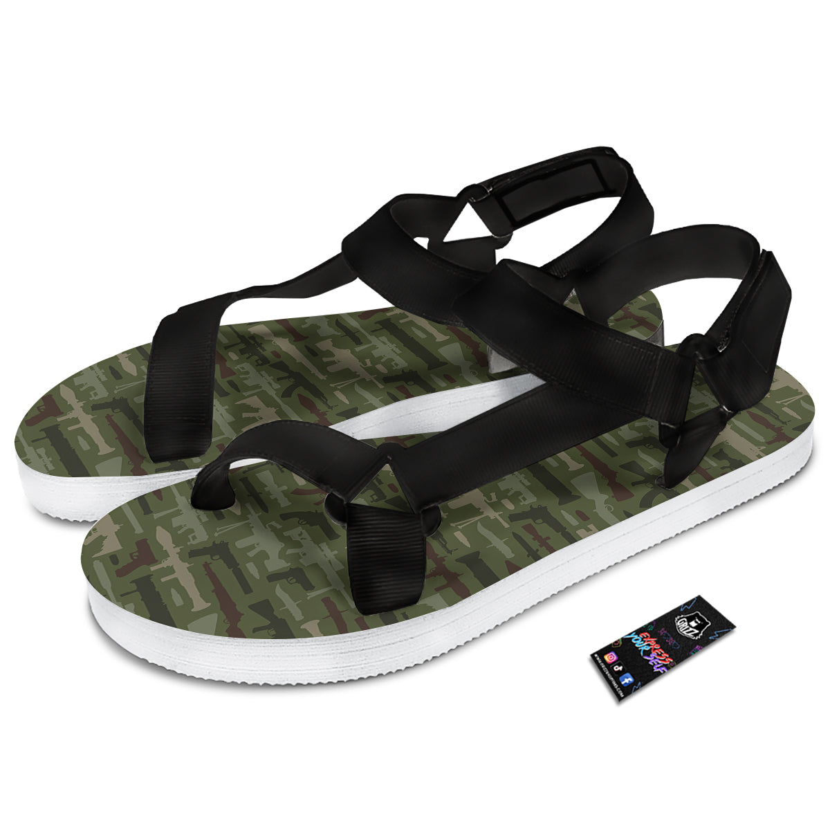 Military Gun Camo Print Black Open Toe Sandals-grizzshop