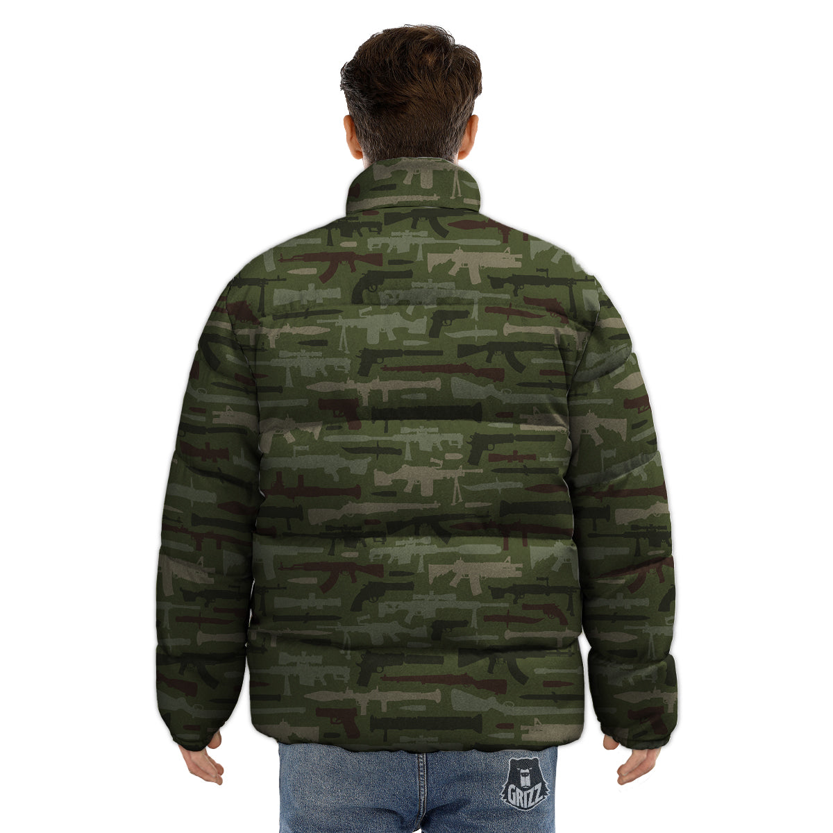 Military Gun Camo Print Puffer Jacket-grizzshop